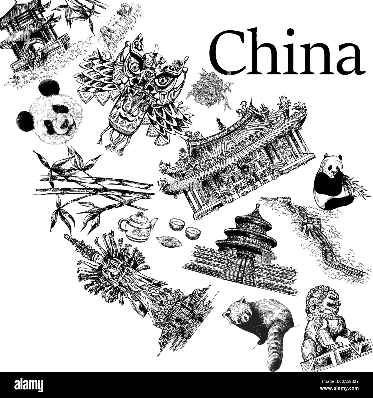 Carta per poster composizione della Cina gli oggetti correlati isolati su sfondo bianco. Illustrazione Vettoriale. Illustrazione Vettoriale