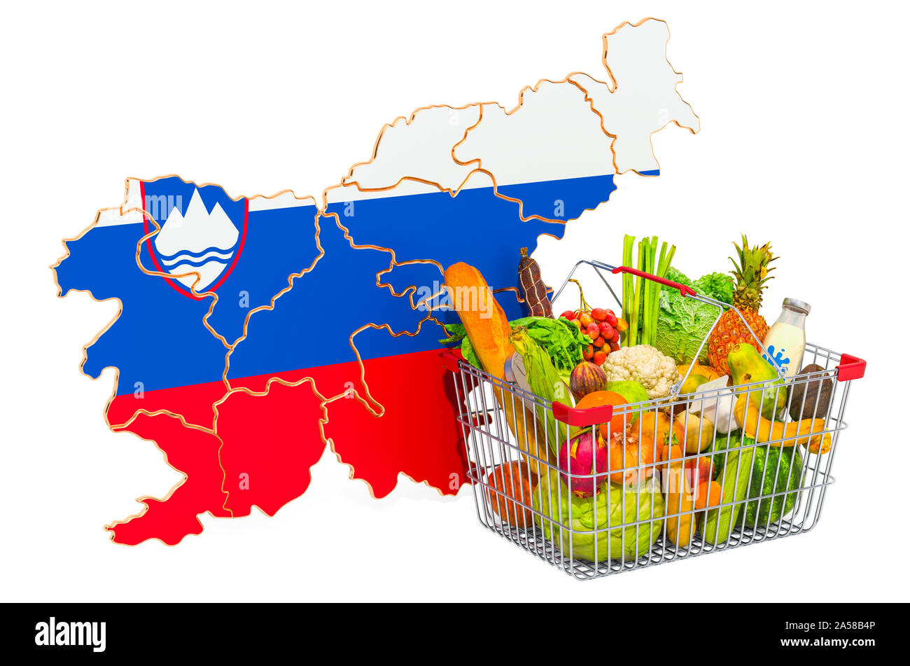 Il potere di acquisto e cesto di mercato in Slovenia concetto. Carrello con mappa sloveno, rendering 3D isolati su sfondo bianco Foto Stock