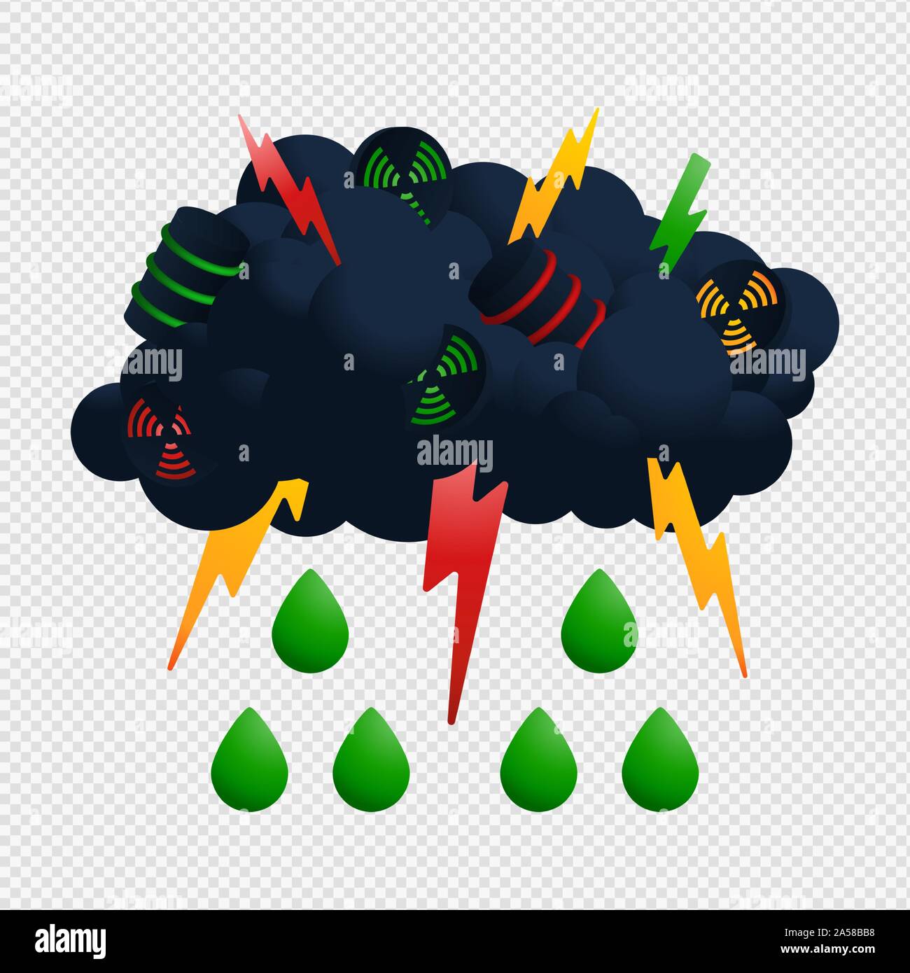Nube nucleare e vettore di pioggia Illustrator. Icona radioattivo con goccia verde e acido tuono fallout disegno vettoriale Illustrazione Vettoriale