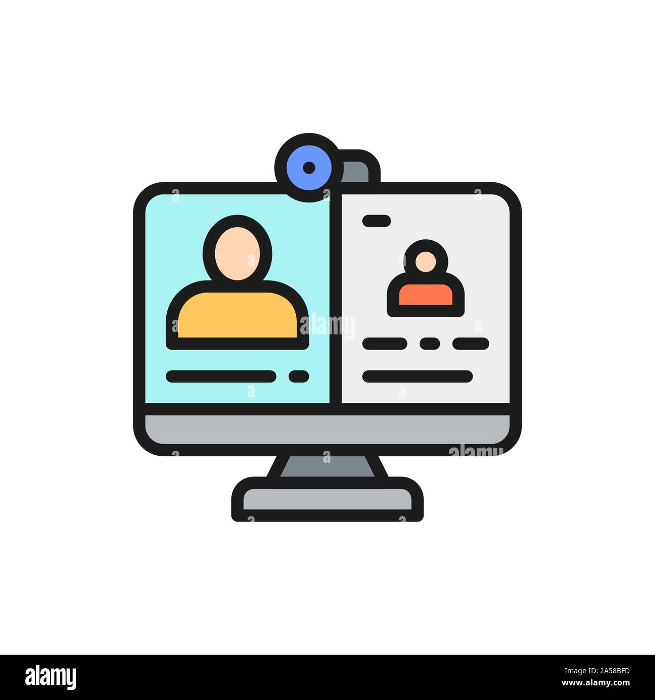 Chiamata video, incontro online, istruzione, webinar, Supporto schermo piatto a colori icona linea. Illustrazione Vettoriale