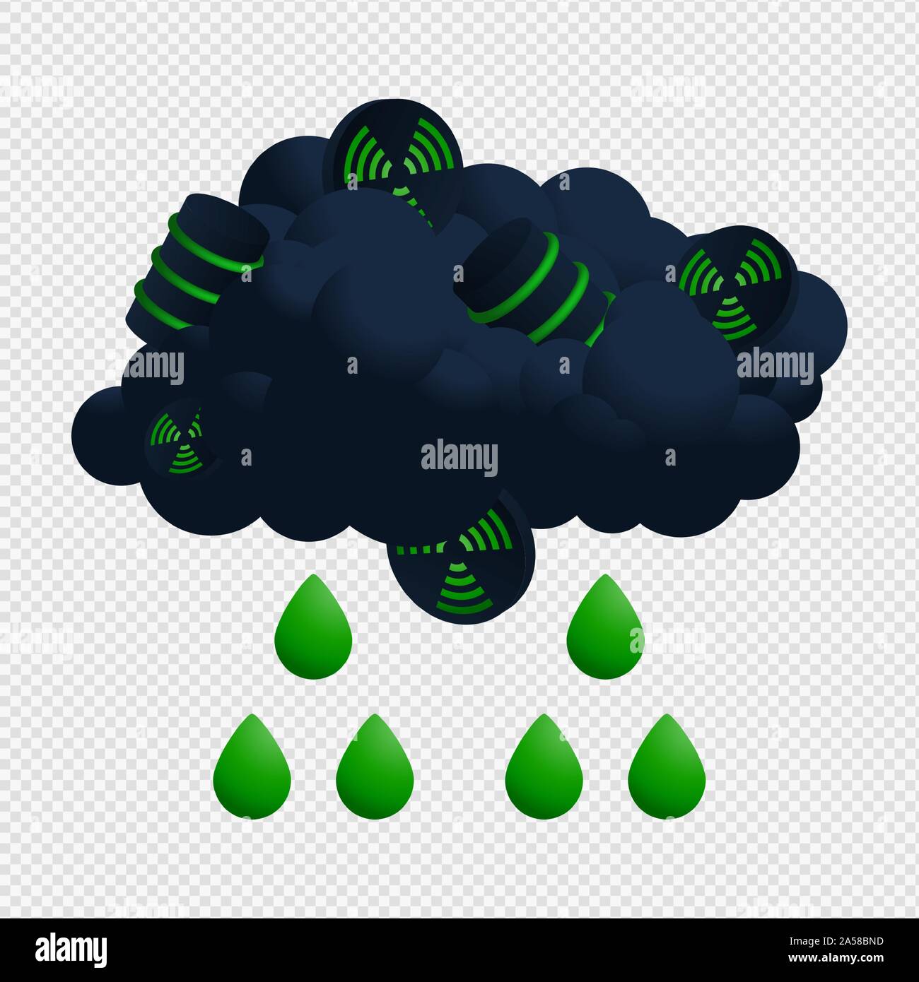 Nube nucleare e vettore di pioggia Illustrator. Icona radioattivo con goccia verde acido vettore fallout design Illustrazione Vettoriale