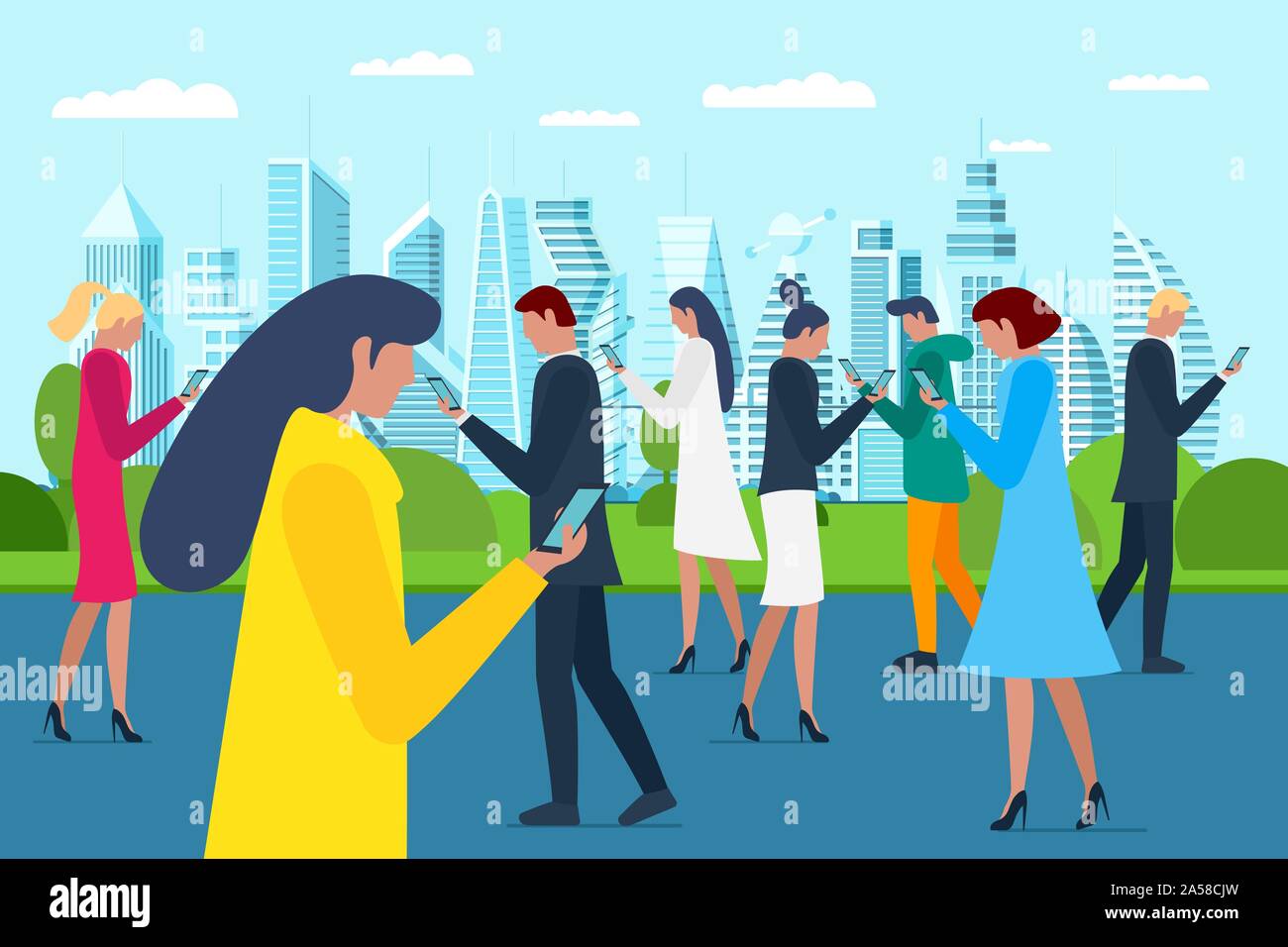 Affollate giovani uomini e donne che camminano nel futuro parco cittadino utilizzando gli smartphone. Concetto di dipendenza da reti sociali Internet. Gruppo influencer milleniale che tiene gadget mobili sul parco. Illustrazione vettoriale Illustrazione Vettoriale