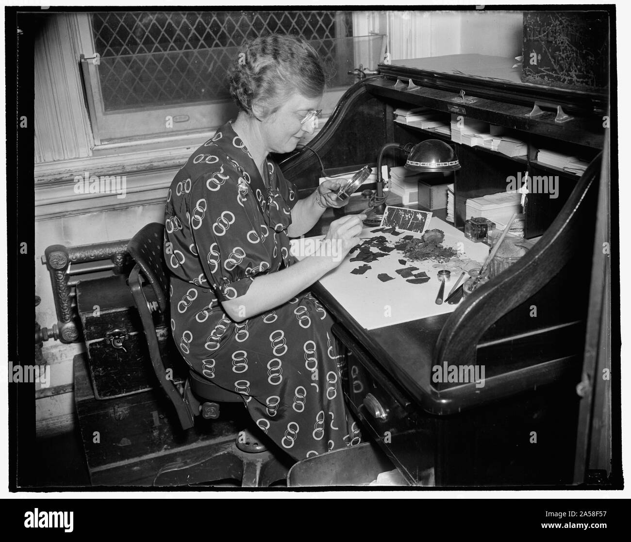 Stati Uniti Esperto di bruciato e mutilati valuta. Washington, D.C., Ott 8. Per anni è stato il dovere di Miss Bertha M. Sherfy a passare sulla genuinità dei bruciati e mutilati moneta che viene inviato negli Stati Uniti Tesoro della redenzione. Miss Sherfy dice che lei trova il più moneta difficile da identificare è quella che è stata nascosta sottoterra, esporre ad acqua, umidità, ecc. Carbonizzati denaro è troppo facile da identificare ma valuta bruciata per una cenere grigia non può mai essere distinto. Una media di tre milioni di dollari di questo tipo di denaro è trasmesso al Ministero del tesoro per il riscatto ogni [...] Foto Stock