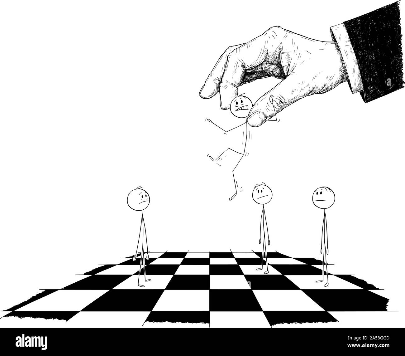 Vector cartoon stick figura disegno illustrazione concettuale dell'uomo mosso da una gigantesca mano nella tuta come pezzo degli scacchi sulla scacchiera. Concetto di controllo e libertà. Illustrazione Vettoriale