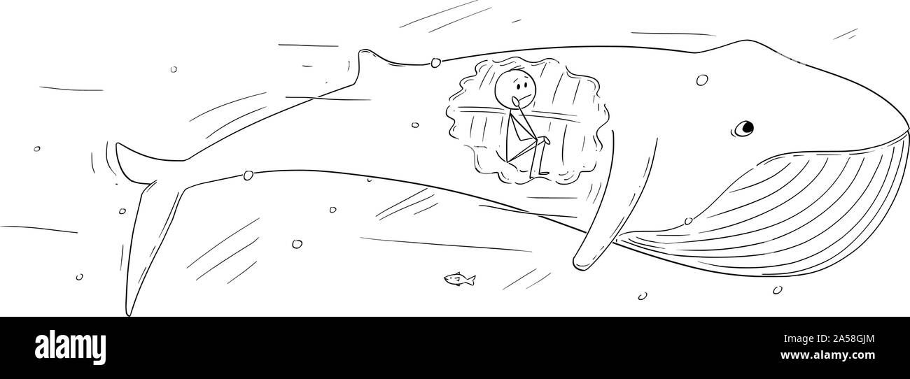 Vector cartoon stick figura disegno illustrazione concettuale dell'uomo seduto all'interno della balena, stroy biblica di Jonas o Giona e la balena. Illustrazione Vettoriale