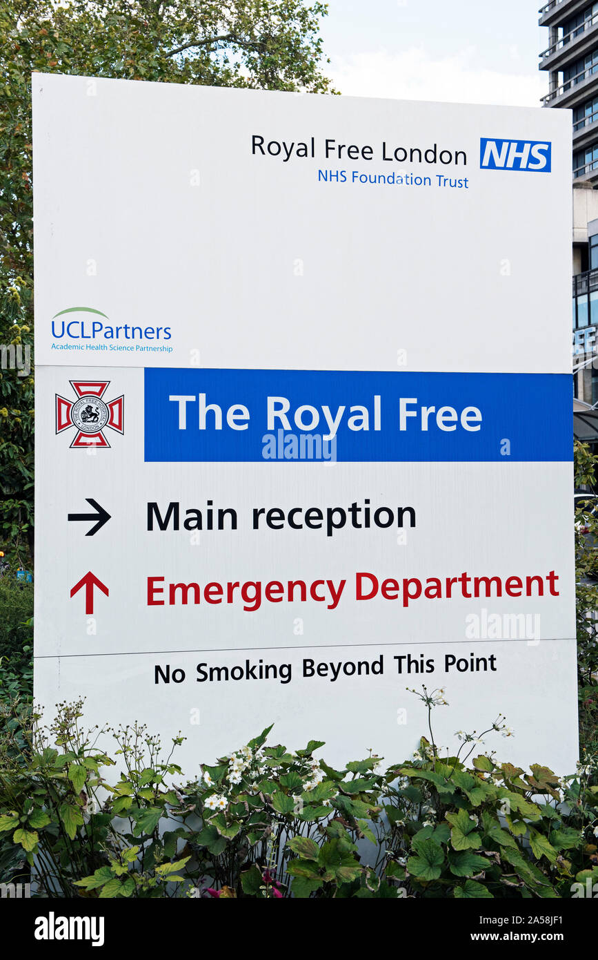 Il Royal Free Hospital segno, London Borough of Camden Inghilterra Gran Bretagna REGNO UNITO Foto Stock