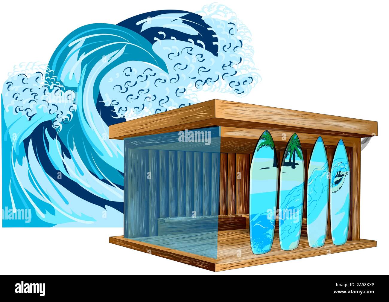 Negozio di surf e wave. tavola da surf e le onde del mare Illustrazione Vettoriale