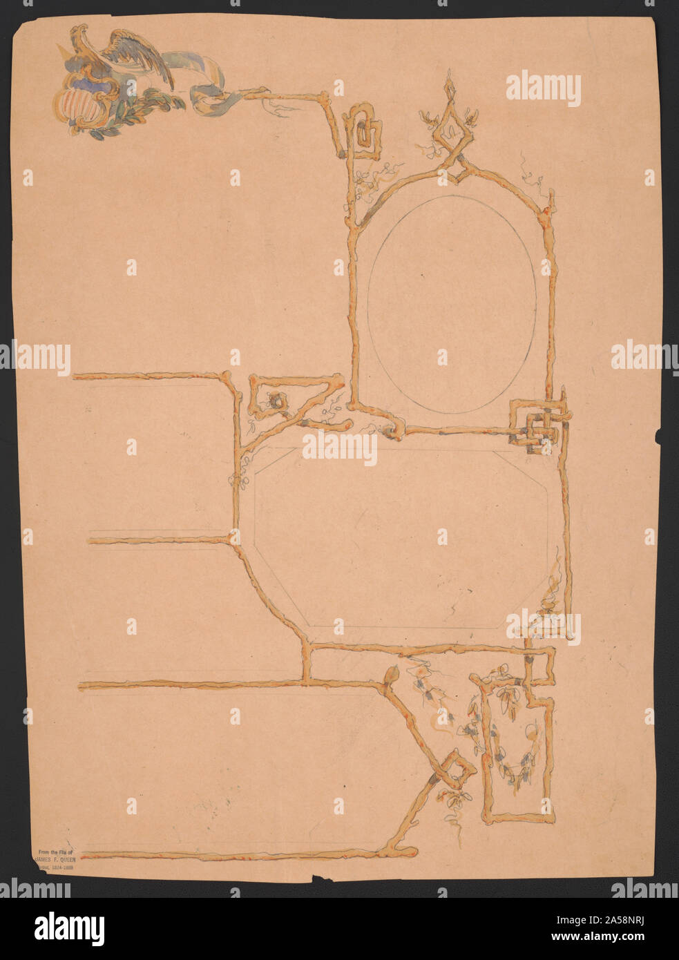 Incompiuta di design di confine con rami, foglie, un nodo celtico, l'aquila, e una bandiera americana scudo, con spazi per ovale, losanga, e l'altra sagomata illustrazioni o testo, eventualmente con pubblicità o intenti celebrativi Foto Stock