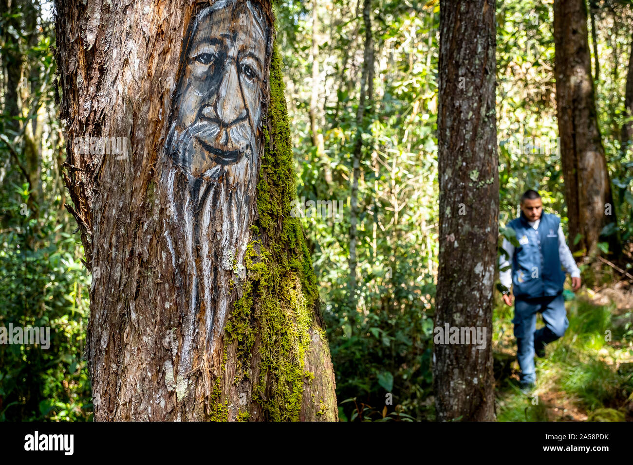 Mohan dio, protettore dei fiumi e ladro di donne, miti e leggende trail, Arví Park, Medellin, Colombia Foto Stock