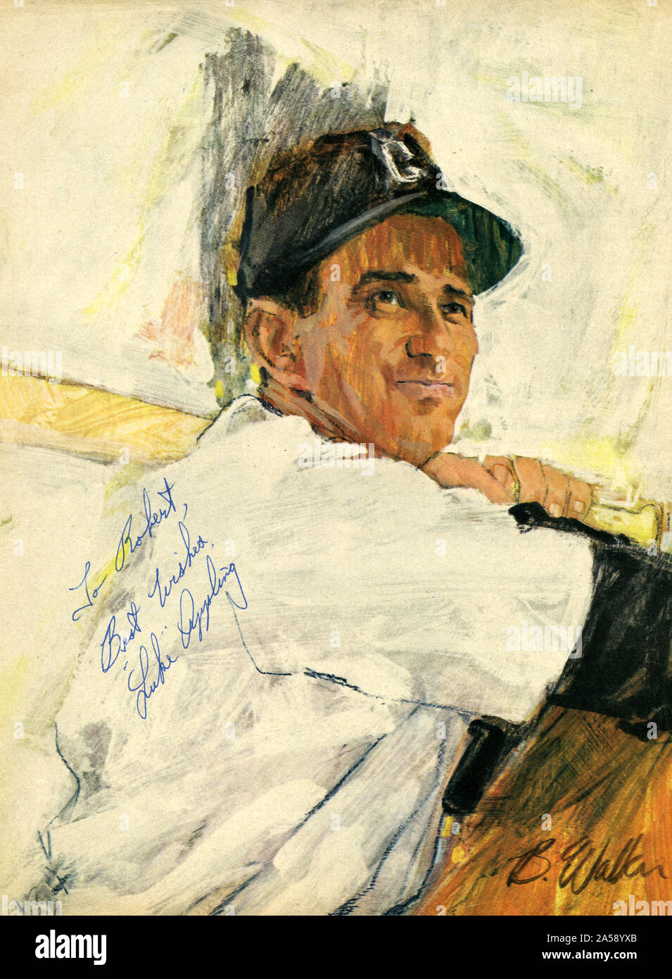 Firmato vintage pagina rivista illustrazione della Hall of Fame giocatore di baseball Luca applicare con la Chicago White Sox. Foto Stock