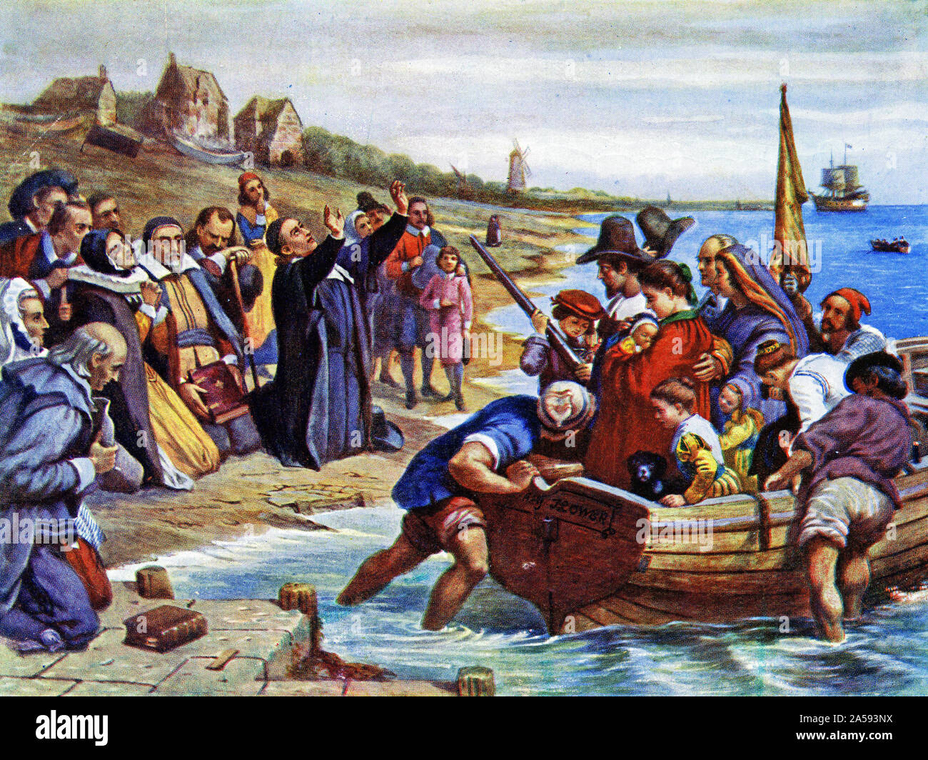 Mezzitoni colorata del pellegrino padri di lasciare il porto di Delft per il Nuovo Mondo. Foto Stock