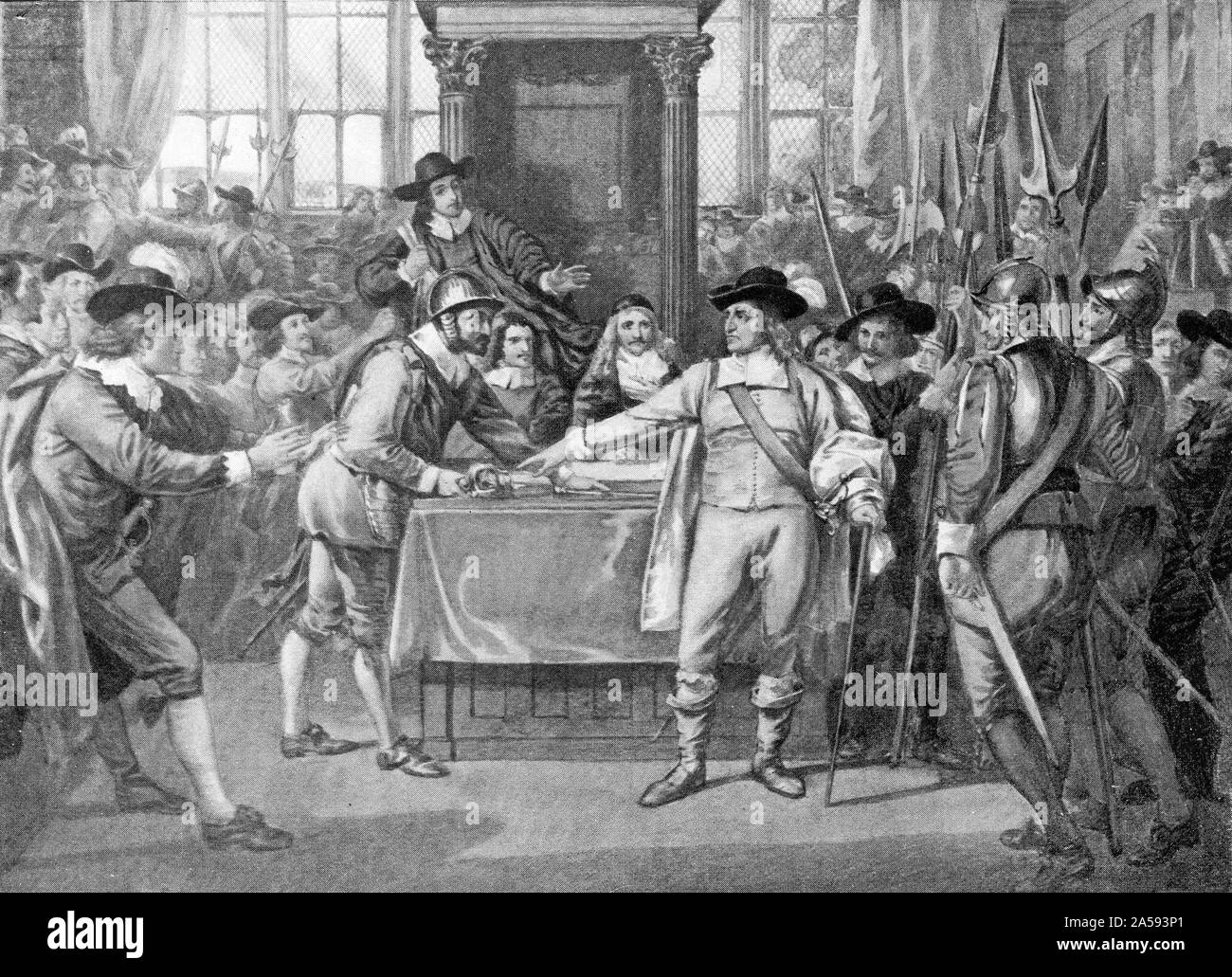 Mezzitoni di Oliver Cromwell evicting la groppa del Parlamento con le parole "lontano con questo baubel', 20 aprile 1653. Foto Stock