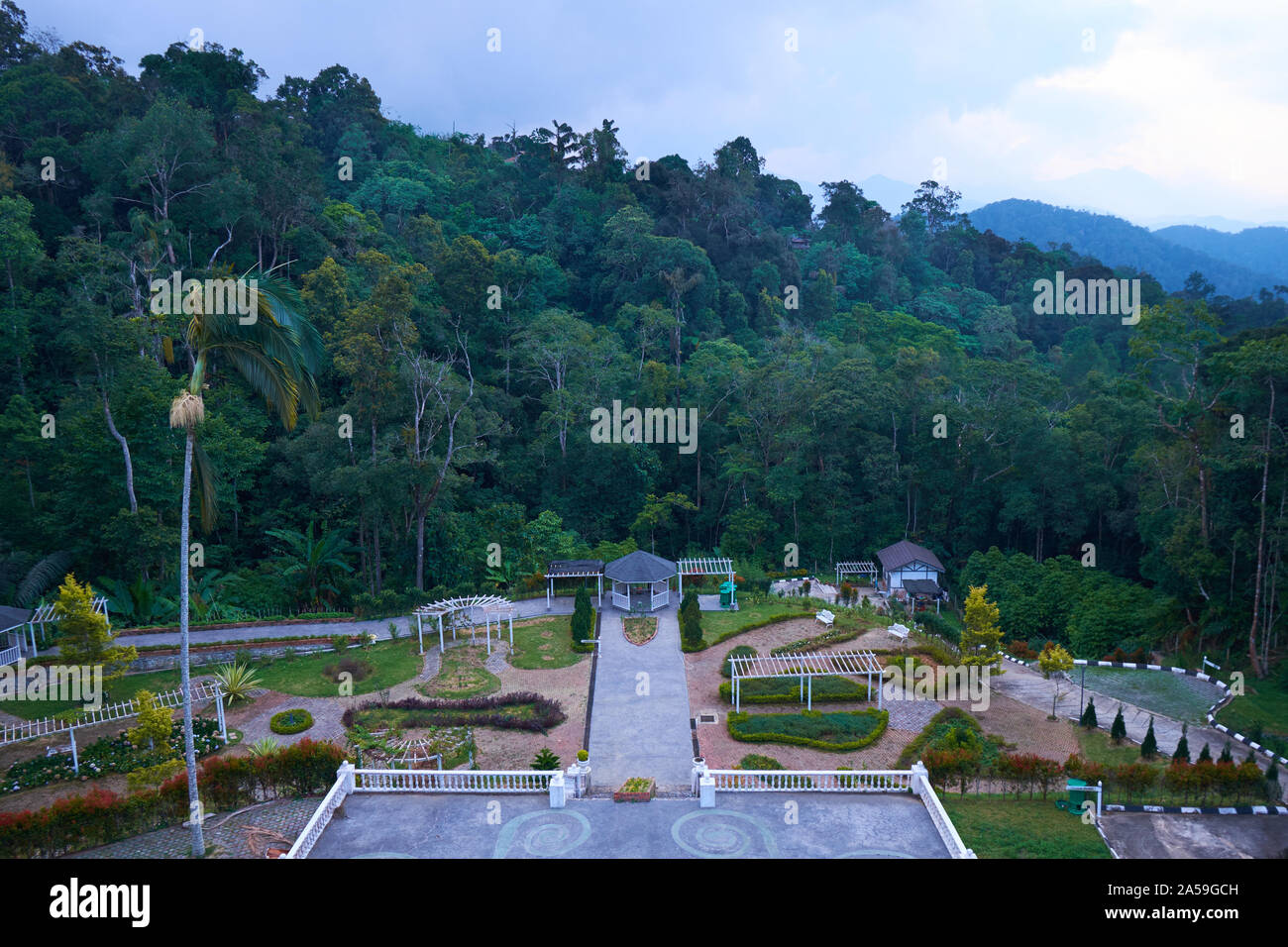 Una panoramica di giardini curati,, la foresta e la flora in Fraser, Hill, Malaysia. Foto Stock
