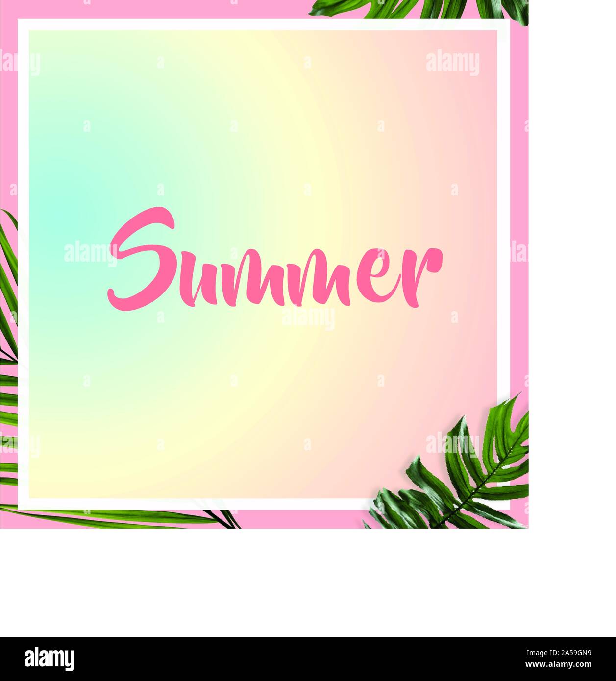 L'estate foglie di palmo banner sfondo rosa modello con bordo bianco Illustrazione Vettoriale