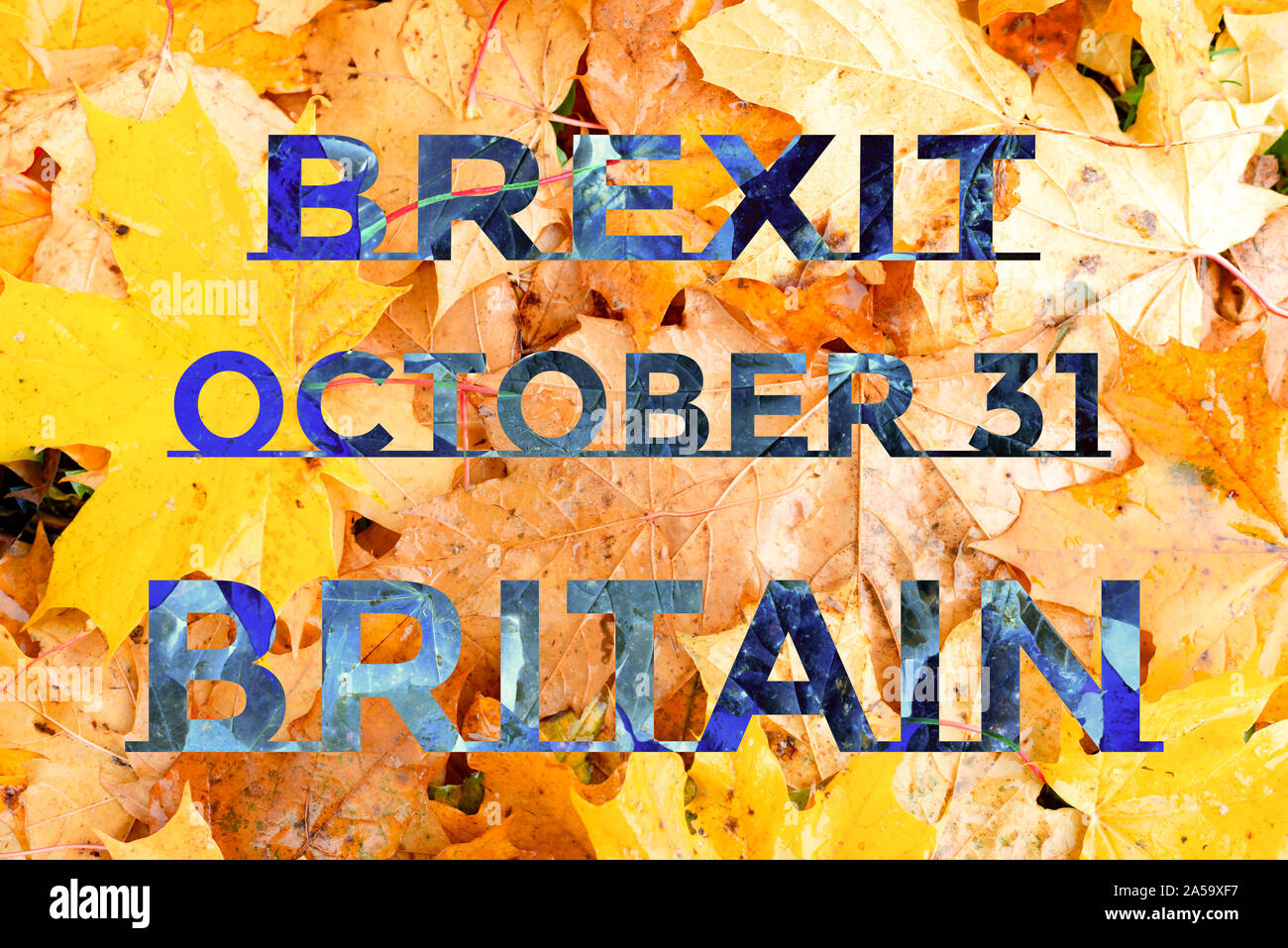 Concetto Brexit. La Gran Bretagna in partenza Uniun europea. Autunno foglie di acero sfondo.La Gran Bretagna brexit ottobre 31 text.Regno Unito uscire dall UE. Foto Stock