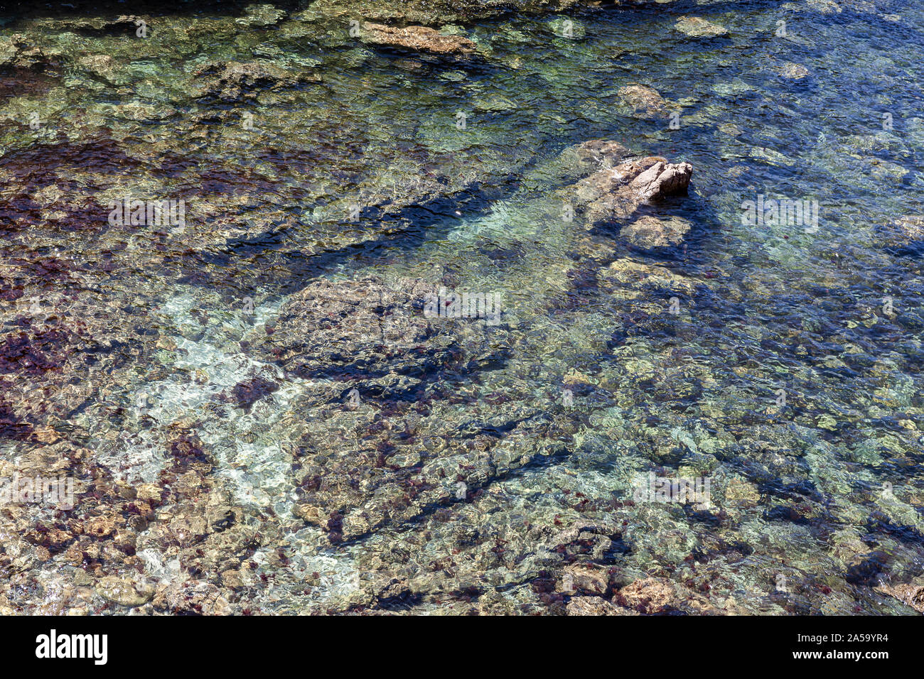 Sullo sfondo del mare visto attraverso l'acqua di mare. Può essere utilizzato come sfondo. Foto Stock