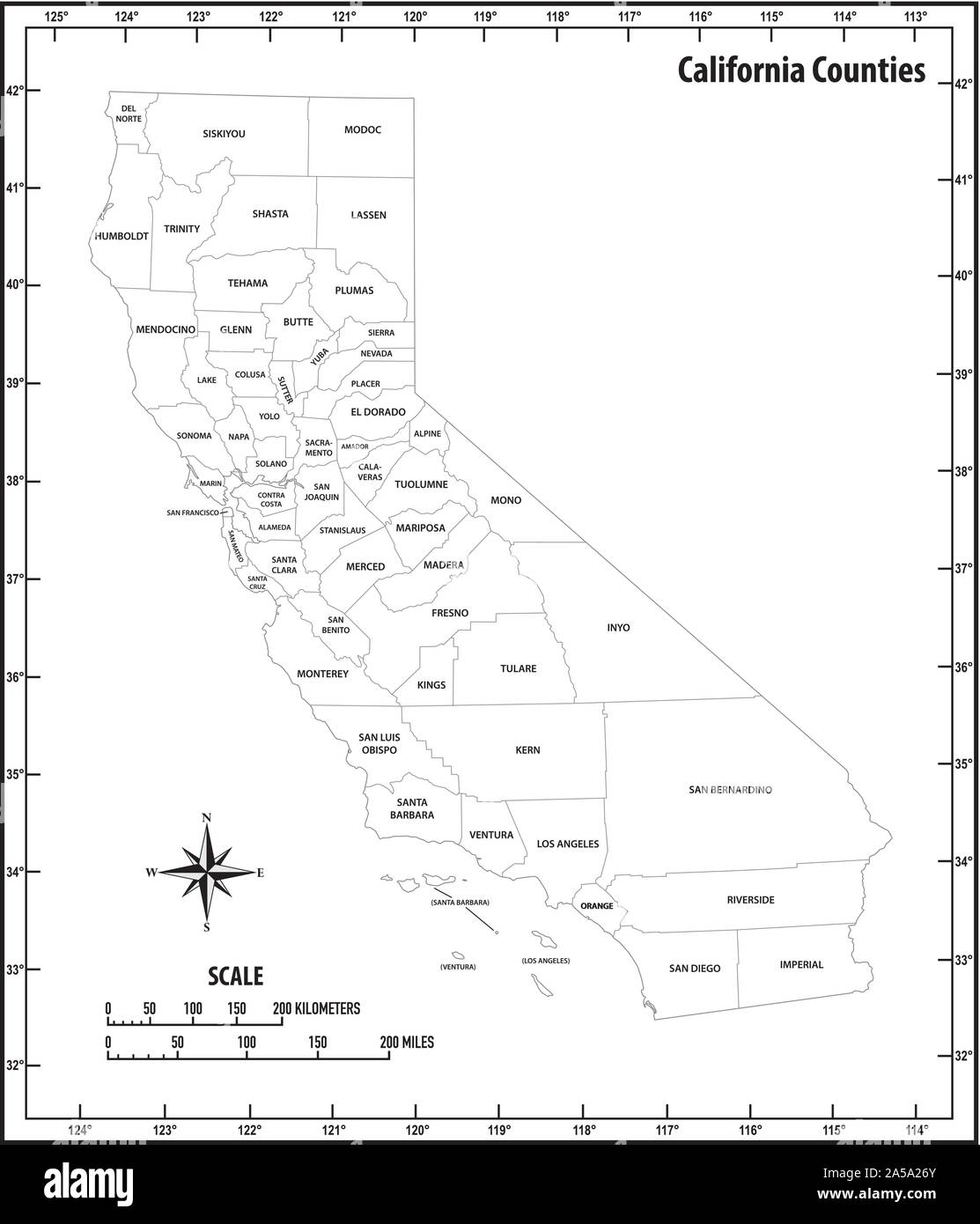 Lo stato della California delineare politica e amministrativa di mappa in bianco e nero Illustrazione Vettoriale