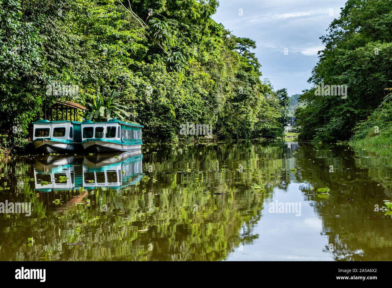 Le imbarcazioni turistiche sui canali del Tortuguero. Parco Nazionale di Tortuguero. Costa Rica, Limon Provincia Foto Stock