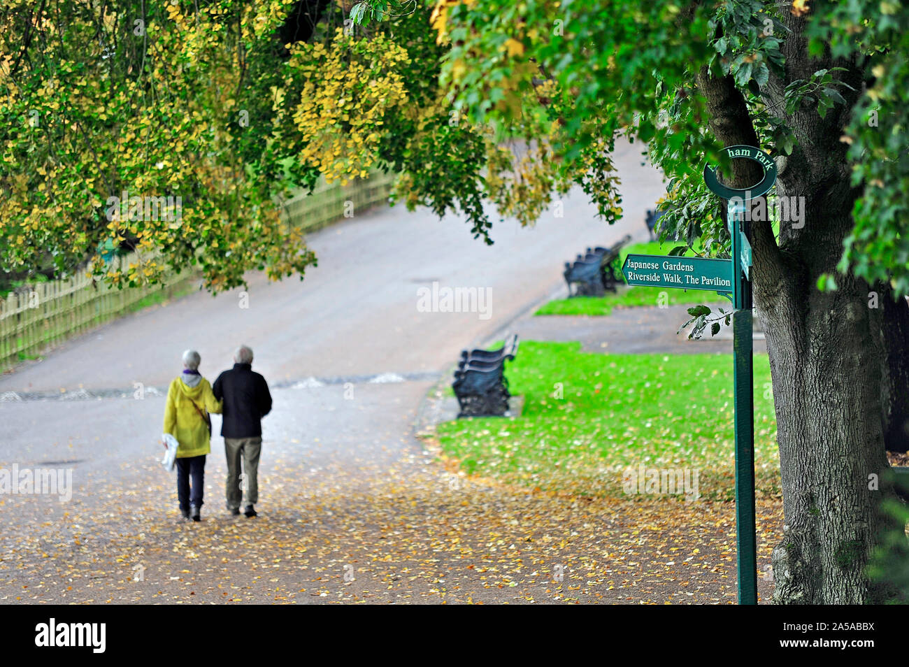 Giovane a piedi attraverso il parco Avenham su una giornata autunnale a Preston, Regno Unito Foto Stock Giovane a piedi attraverso il parco Avenham su una giornata autunnale a Preston, Regno Unito Foto Stock