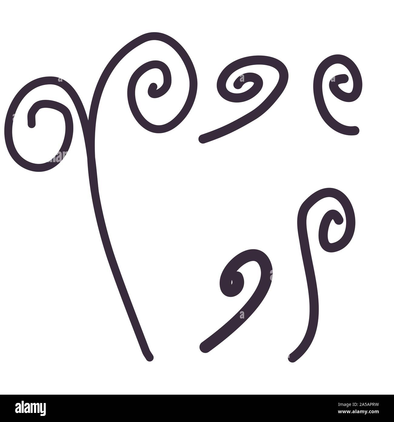 Lato linea tracciata doodle curl impostato in stile vintage. Nero vector graphic design elemento. Illustrazione Vettoriale