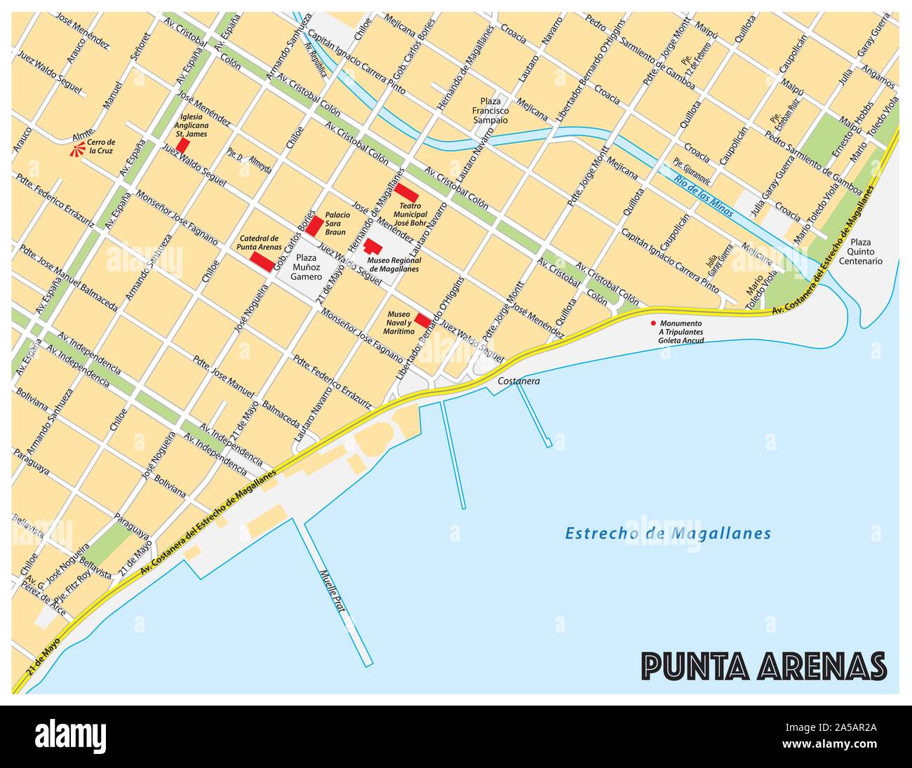 Mappa di città del sud della città cilena di Punta Arenas Illustrazione Vettoriale