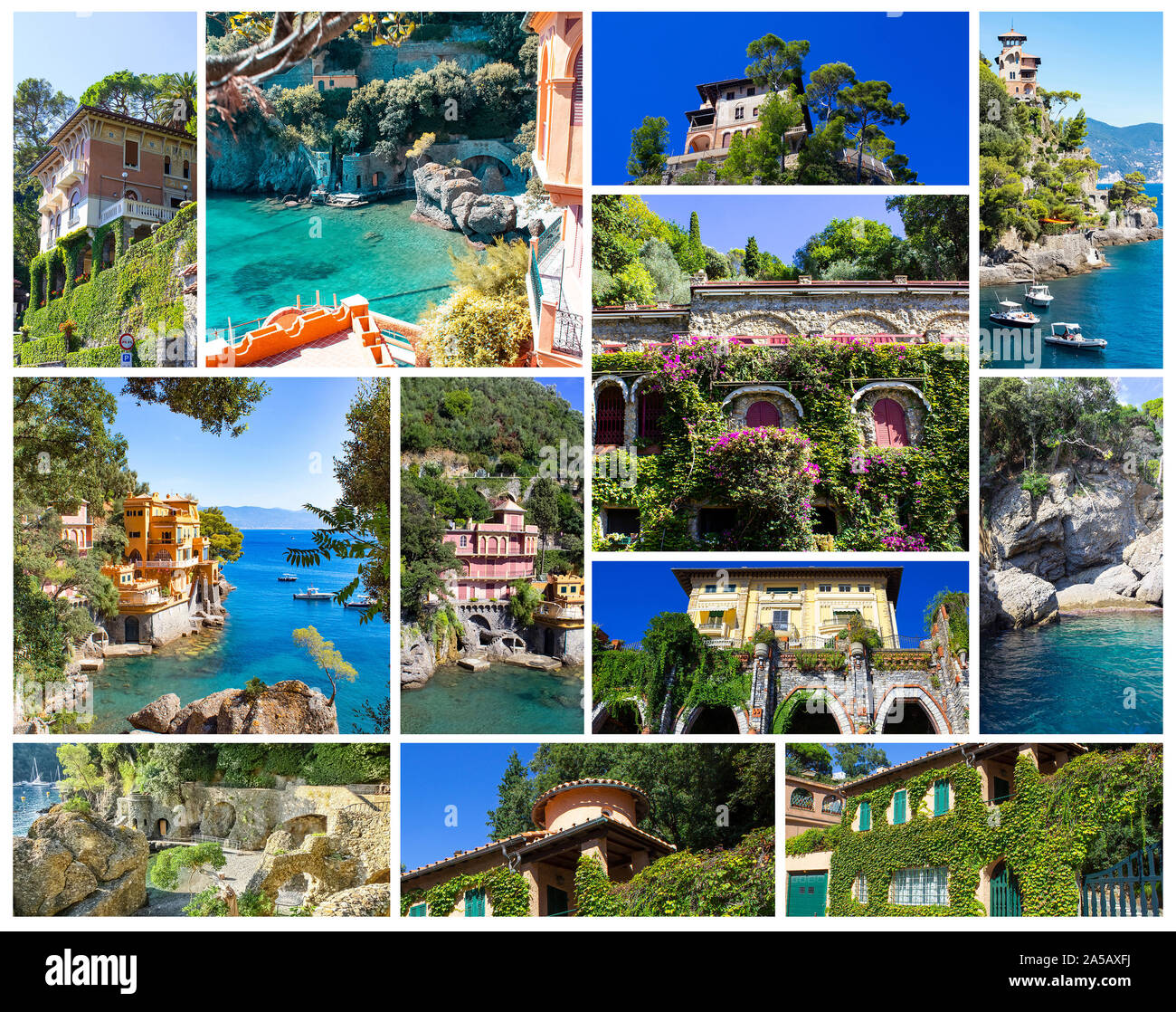 Collage su belle ville o case colorate in Italia Foto Stock