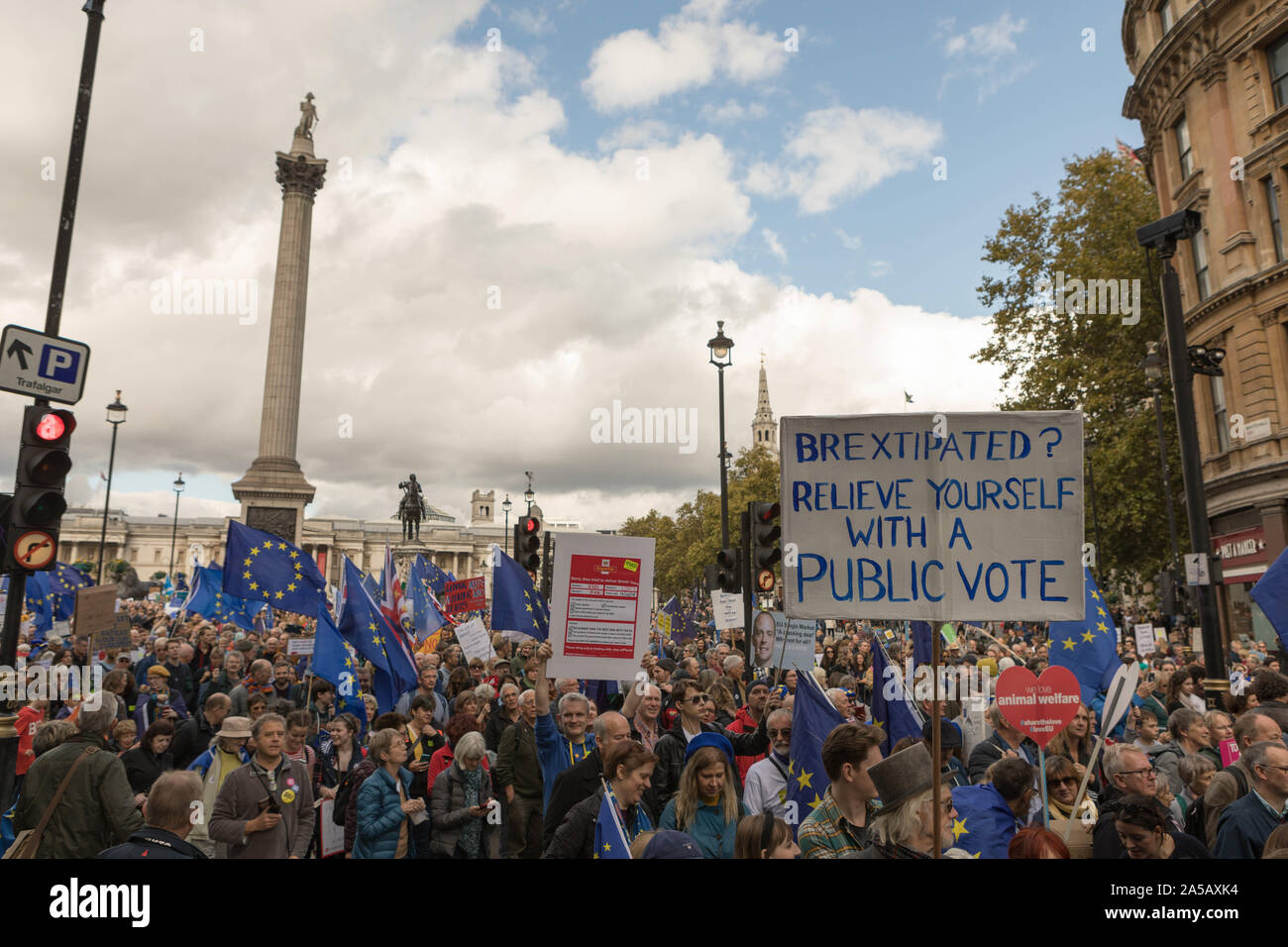 Londra, Regno Unito. Xix oct, 2019. Migliaia di manifestanti marzo da Park Lane, attraverso Londra alla domanda del pubblico è dato un ultima parola su Brexit, chiedendo una votazione su qualsiasi ritiro dell'UE trattativa. Penelope Barritt/Alamy Live News Foto Stock