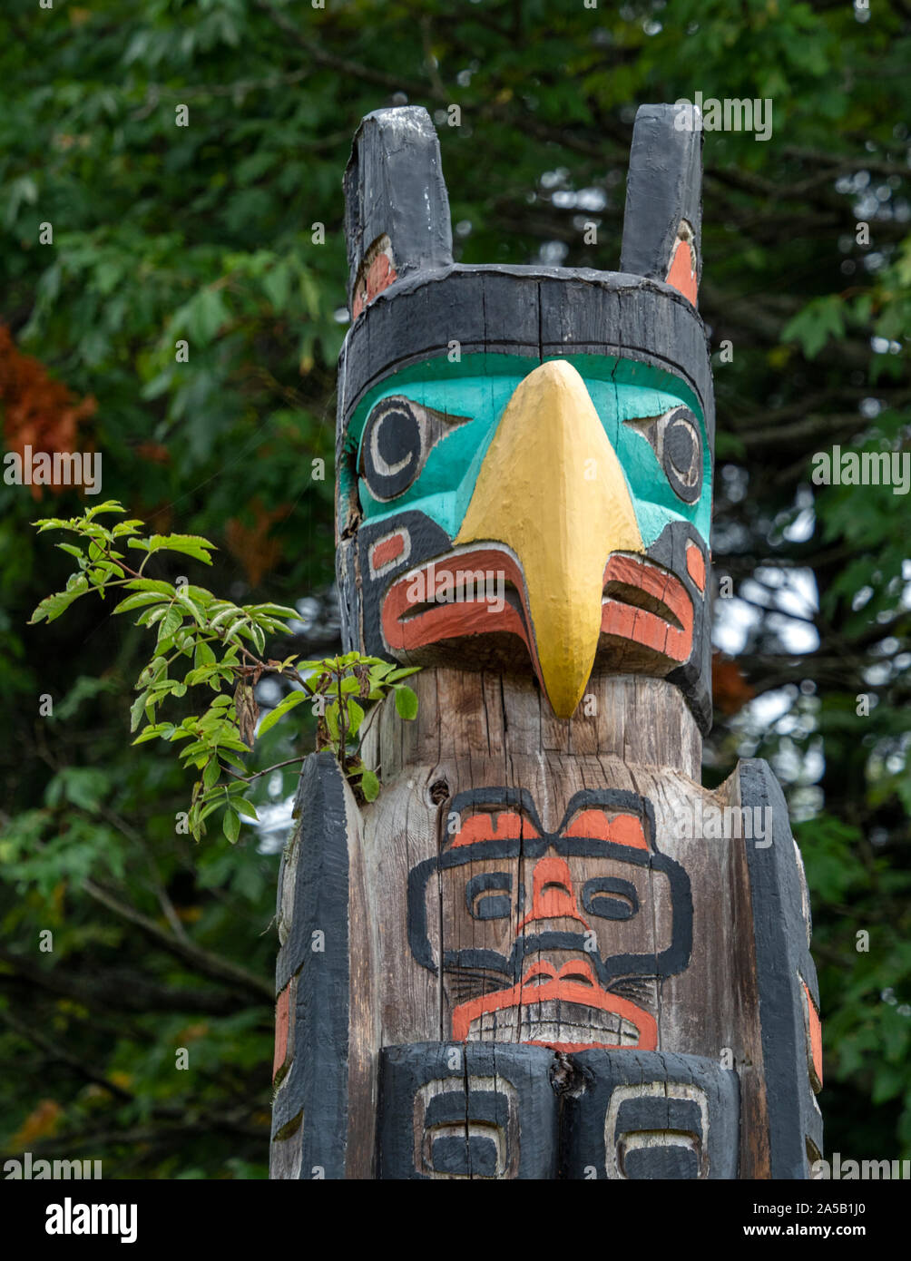 Prima Nazione totem pole di Stanley Park, Vancouver, British Columbia, Canada Foto Stock