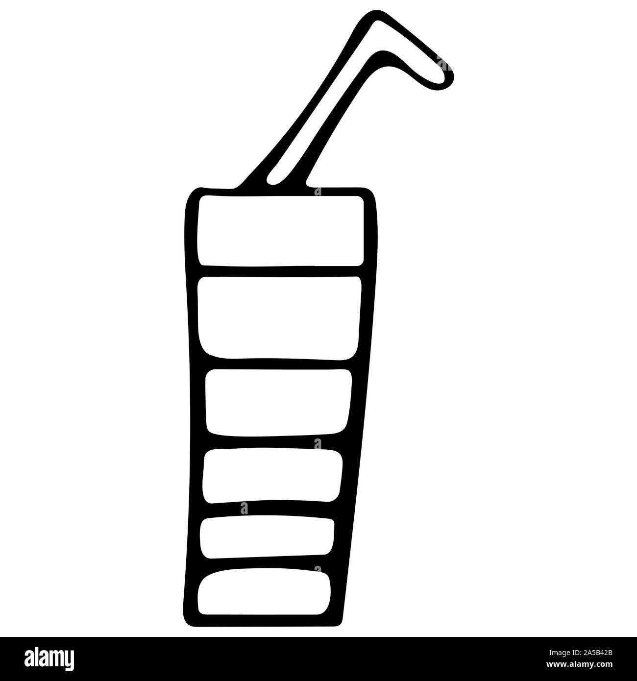 Un bicchiere con una cannuccia. Caffè o altre bevande in bianco e nero in stile scarabocchio. Disegnata a mano illustrazione Foto Stock