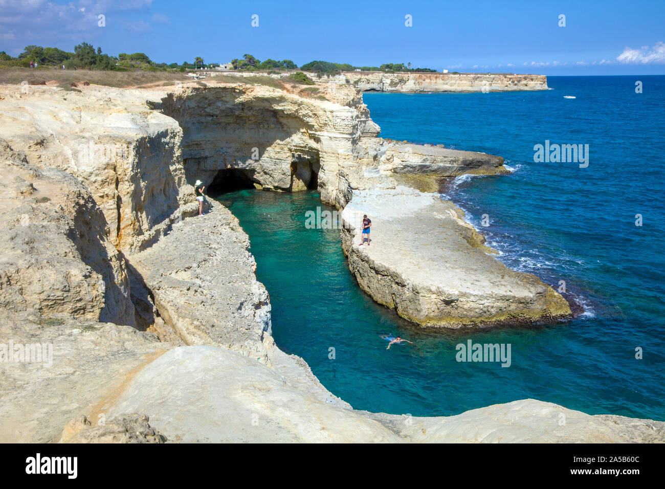 Felsige Küste bei Sant'Andrea, Lecce Apulien, Italien | costa rocciosa a Sant'Andrea, Lecce, Puglia, Italia Foto Stock