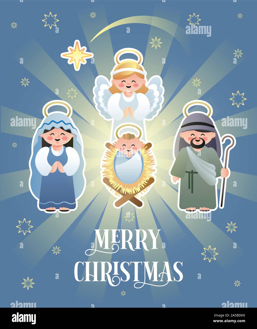 Auguri di Buon Natale. Presepe con la Santa Famiglia e Angelo. Simpatici  personaggi dei cartoni animati. Illustrazione Vettoriale Immagine e  Vettoriale - Alamy