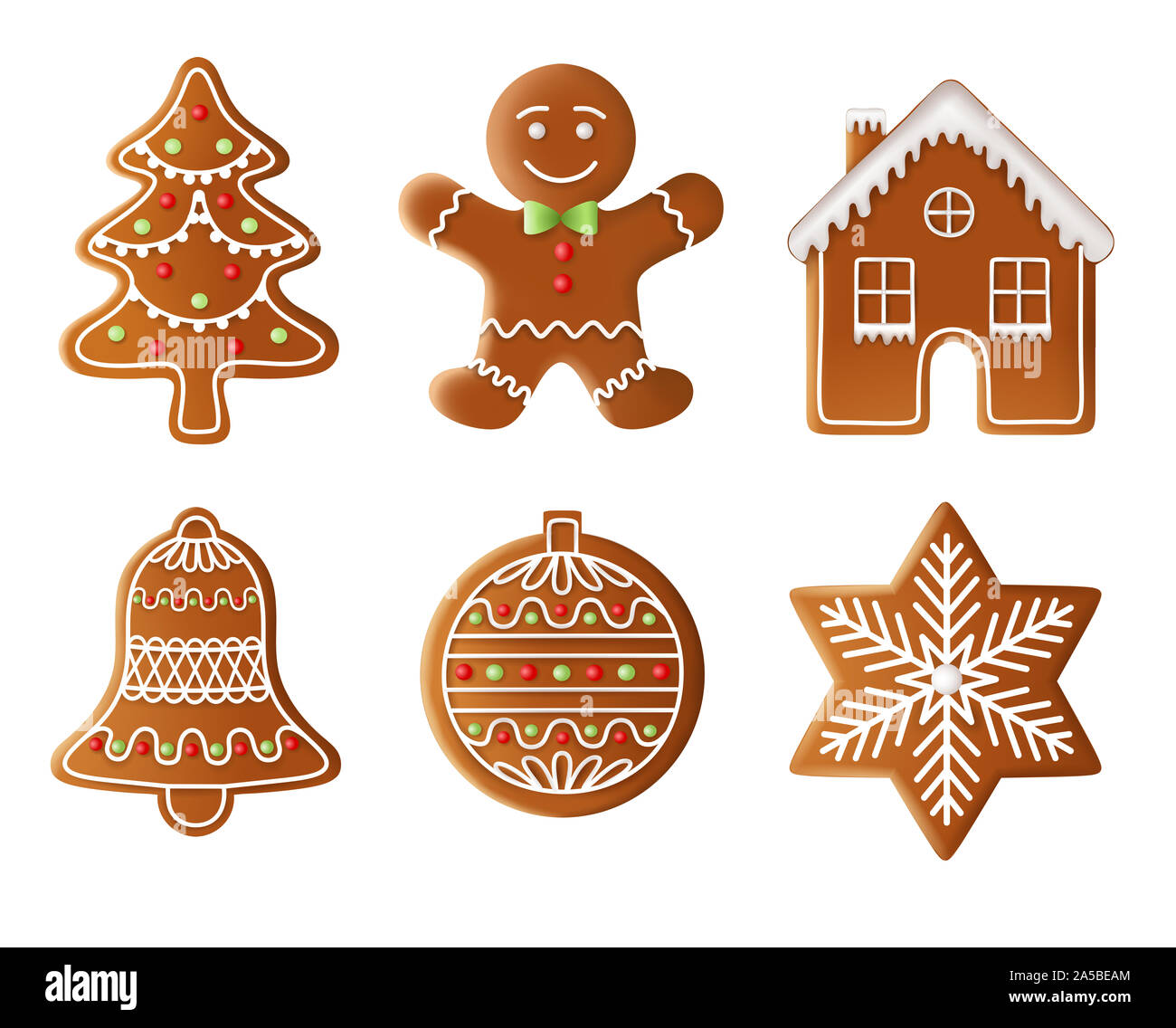 Albero di natale, uomo, house, bell, sfera e stella gingerbread illustrazione Foto Stock