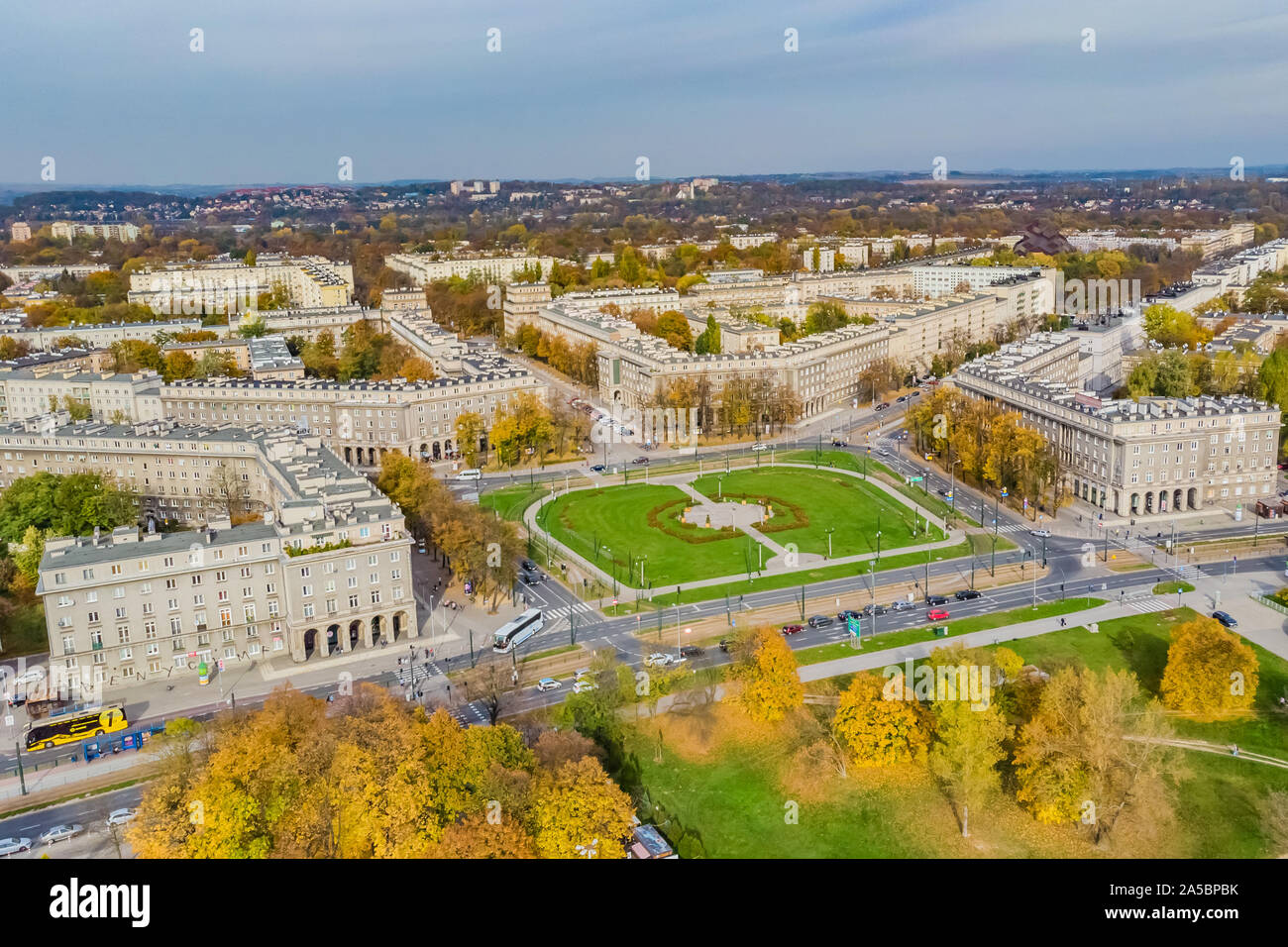 Nowa Huta, distretto di Cracovia - Cracovia, in Polonia. Vista aerea di Plac Centralny (Ronald Regan piazza centrale) Foto Stock