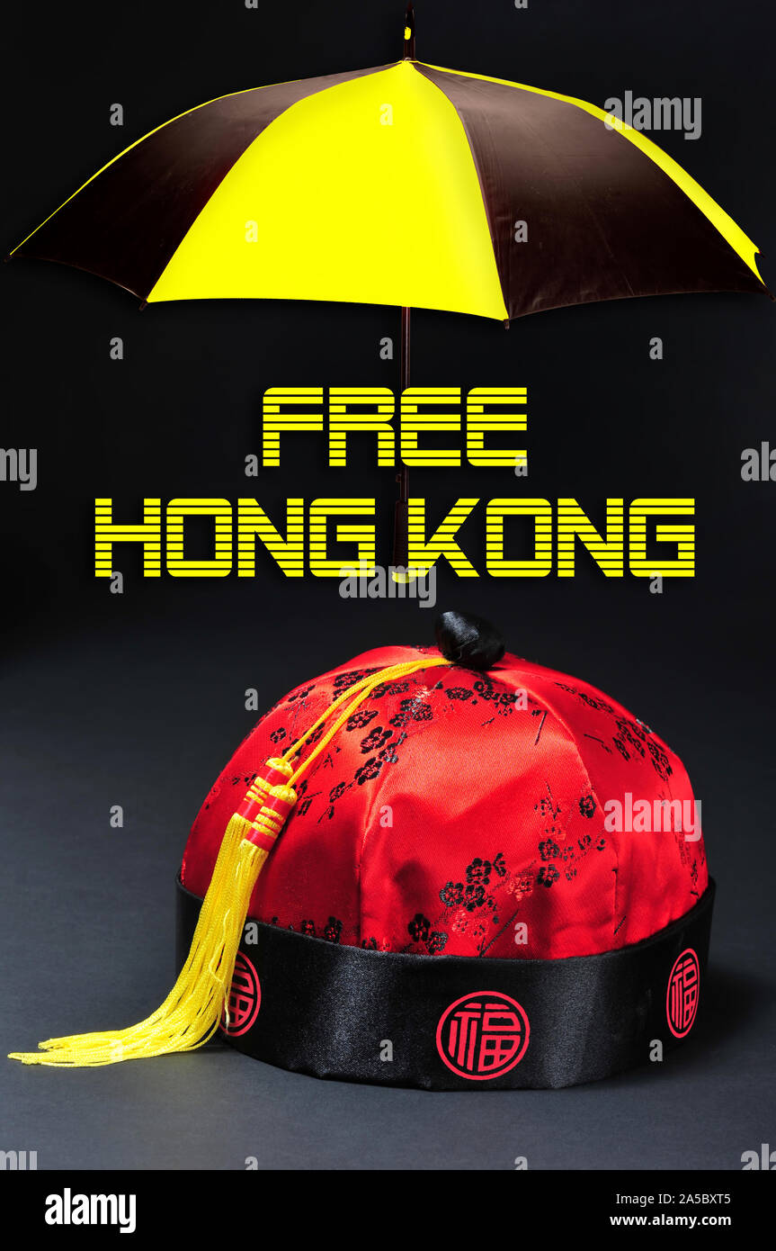 Libera Hong Kong pro-indipendenza di movimento con seta cinese hat. Foto Stock