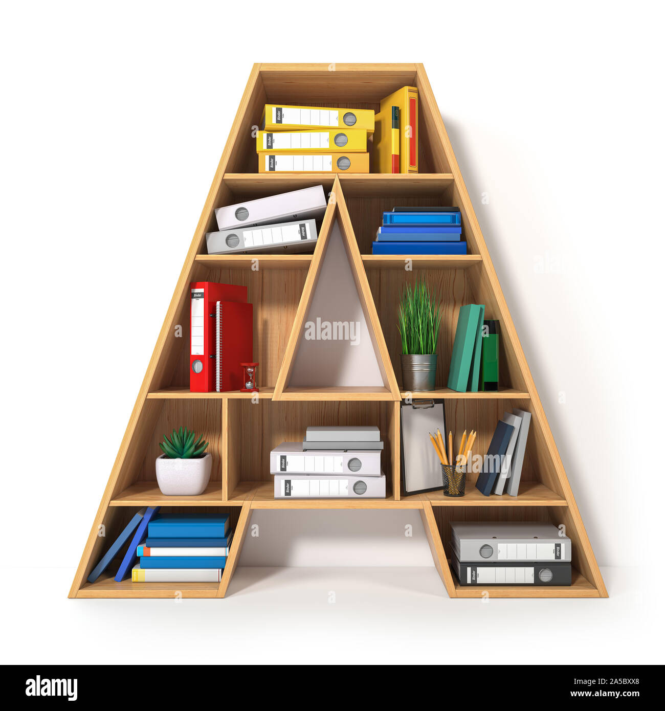 Lettera A. alfabeto in forma di mensole con la cartella di file, leganti e libri isolato su bianco. Archiviazione, pile di documenti in ufficio o librar Foto Stock