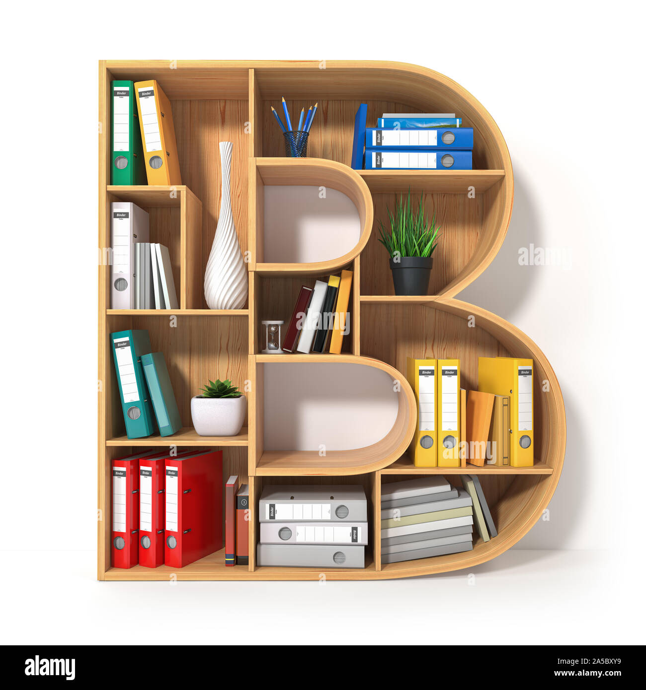 Lettera B. alfabeto in forma di mensole con la cartella di file, leganti e libri isolato su bianco. Archiviazione, pile di documenti in ufficio o librar Foto Stock