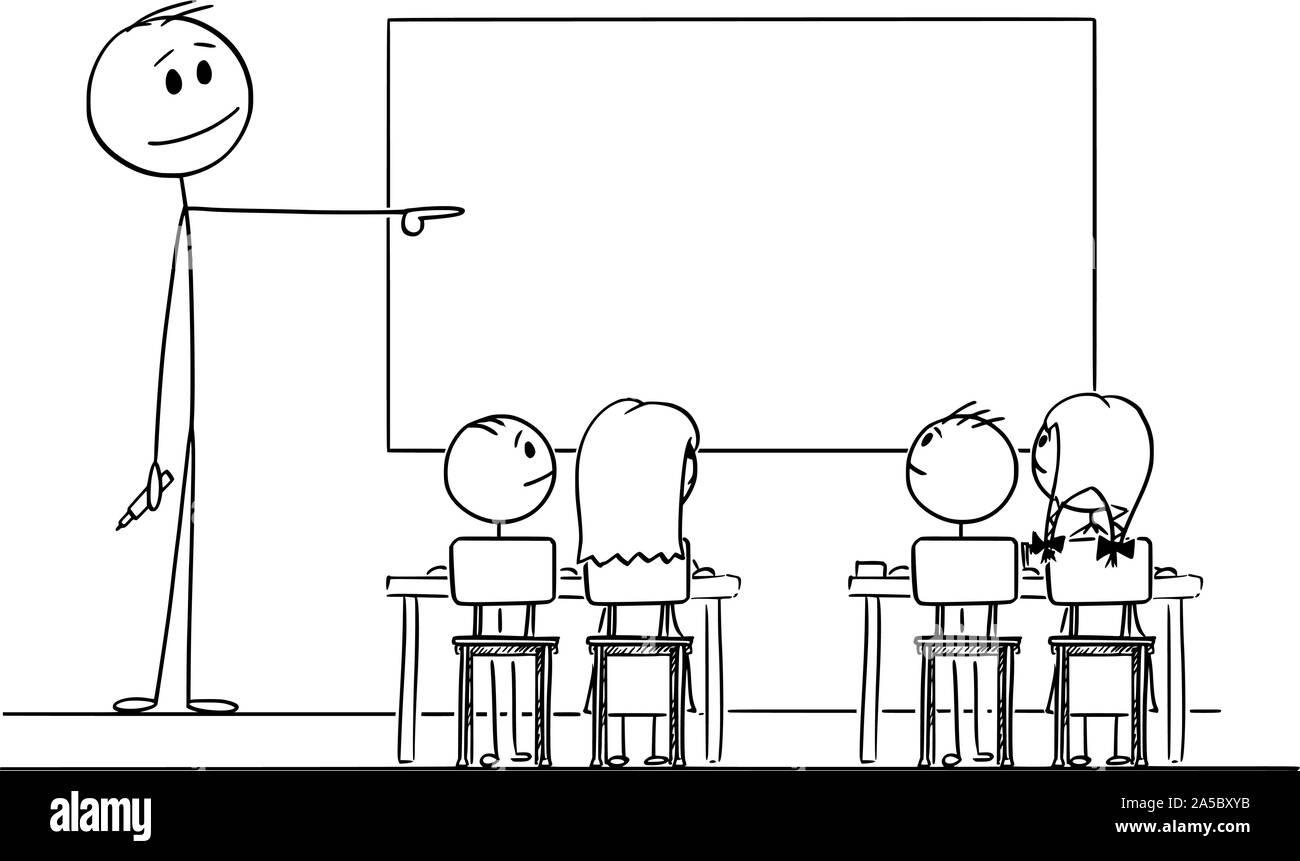 Vector cartoon stick figura disegno illustrazione concettuale di insegnante in classe con un pennarello in mano puntando alla lavagna vuota. Illustrazione Vettoriale