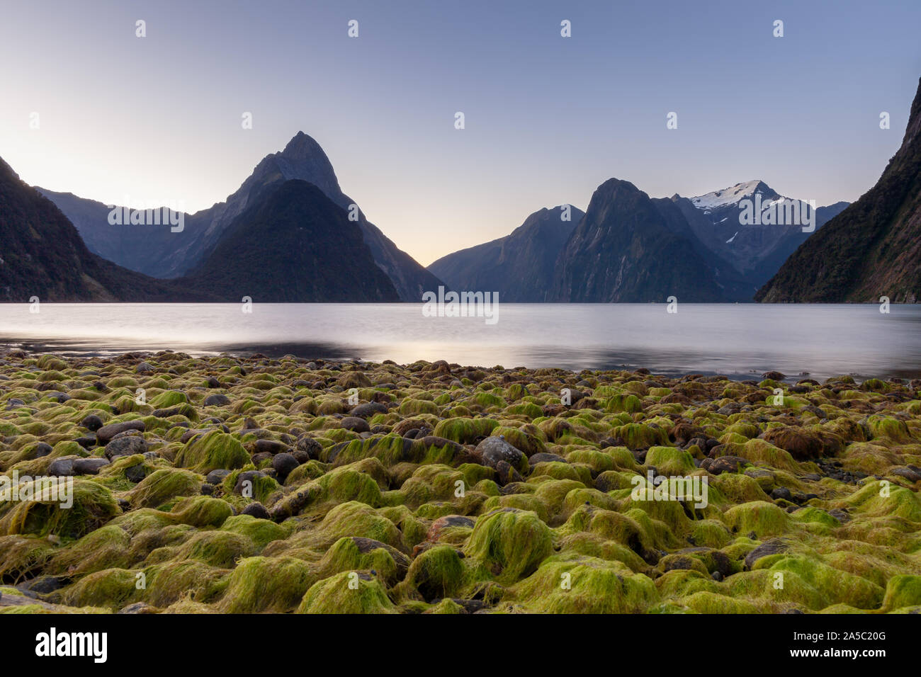 Mitre Peak, Milford Sound, Nuova Zelanda al tramonto / Crepuscolo con ciottoli coperto Foto Stock