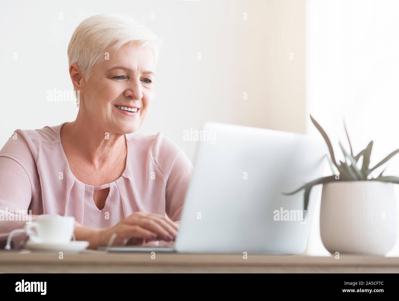 Close up di senior donna che lavorano con il computer portatile Foto Stock