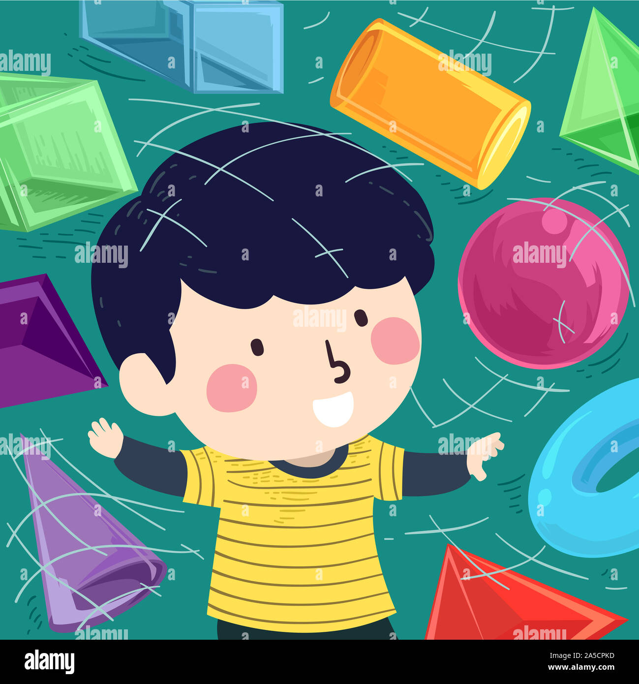 Illustrazione di un bambino ragazzo giocando con Virtual 3D forme dalla sfera, cilindro, il cono di Toro Foto Stock