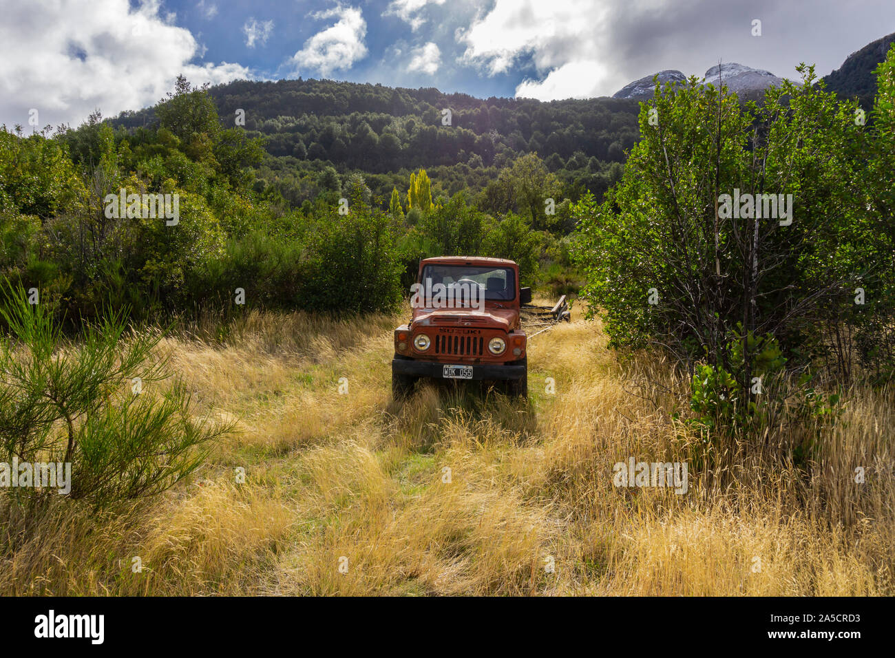 Vista scena di 4x4 Suzuki Samurai nella foresta Foto Stock