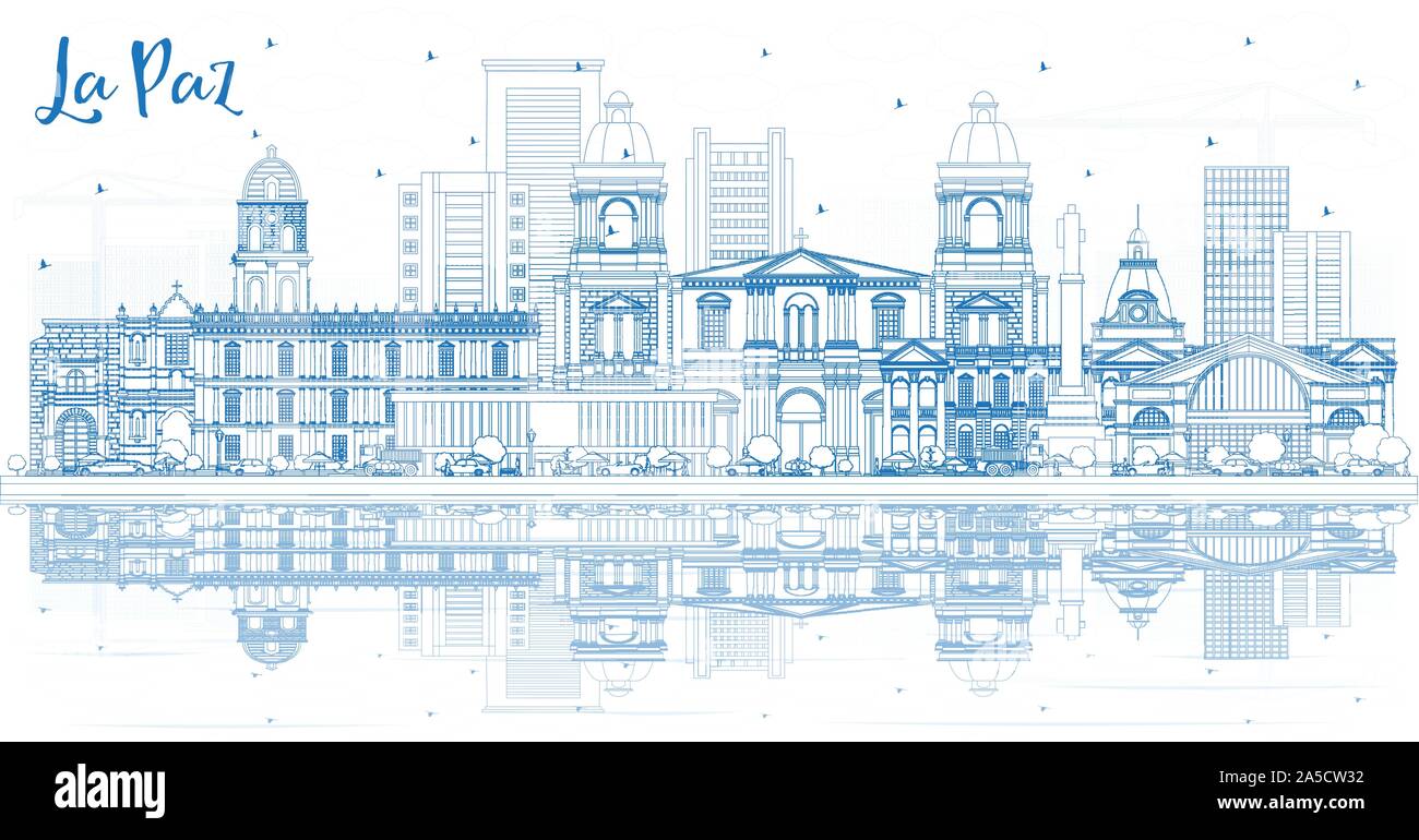 Delineare La Paz in Bolivia skyline della città con edifici blu e riflessi. Illustrazione Vettoriale. Viaggi di affari e turismo Concept. Illustrazione Vettoriale