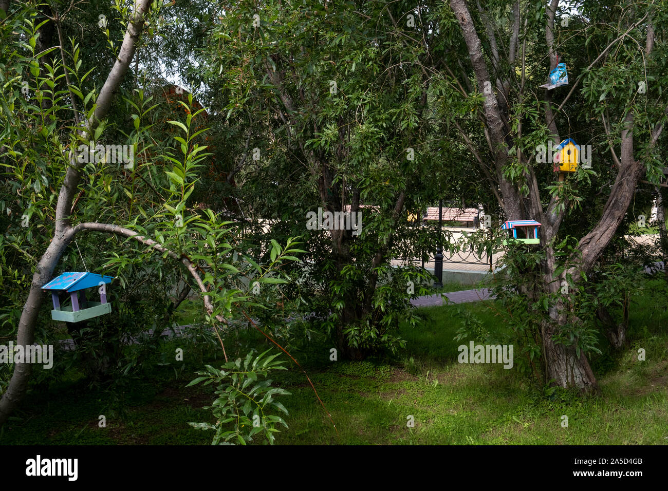 Birdhouses appendere in Gorodskoy Sad park. Salekhard, Russia Foto Stock