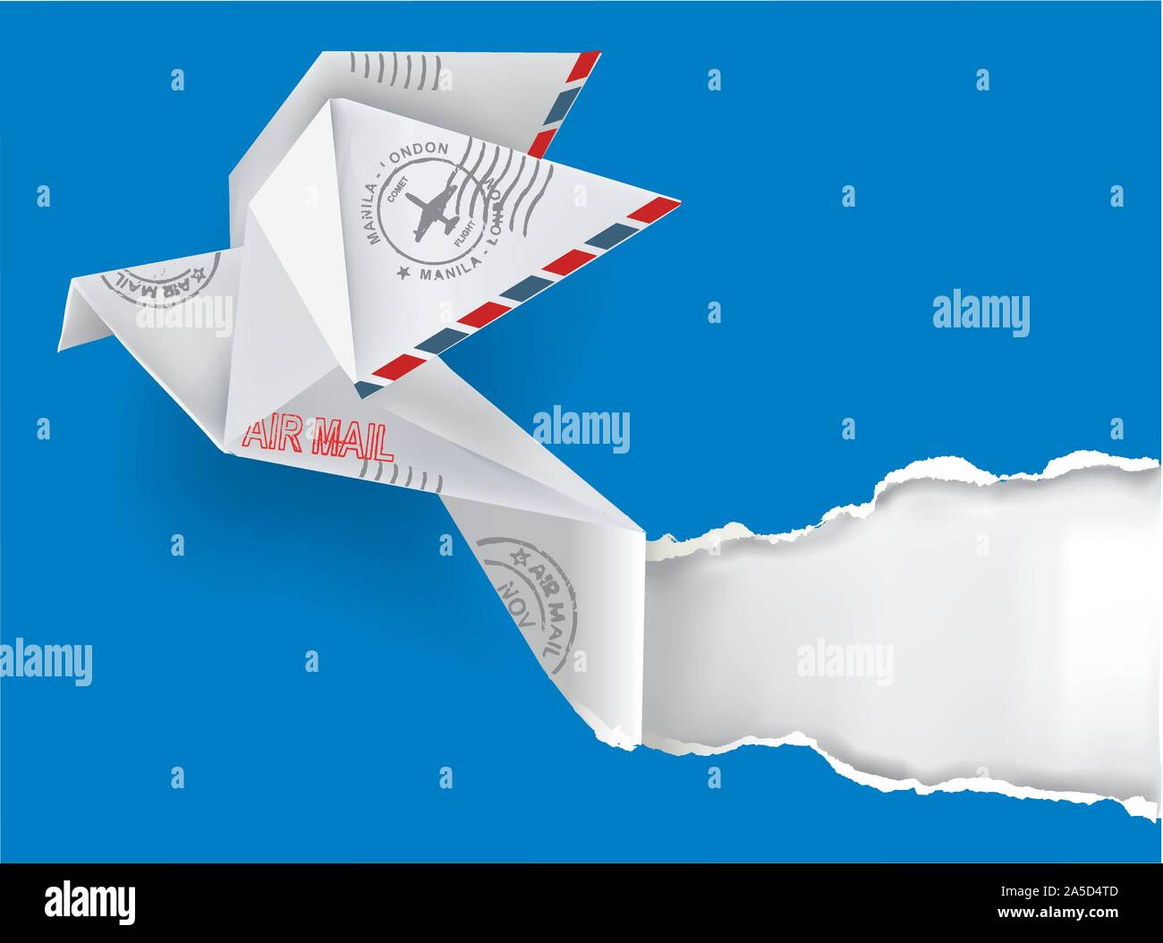 Origami pigeon strappando la carta. Colomba di carta con timbri. Vettore disponibile. Illustrazione Vettoriale