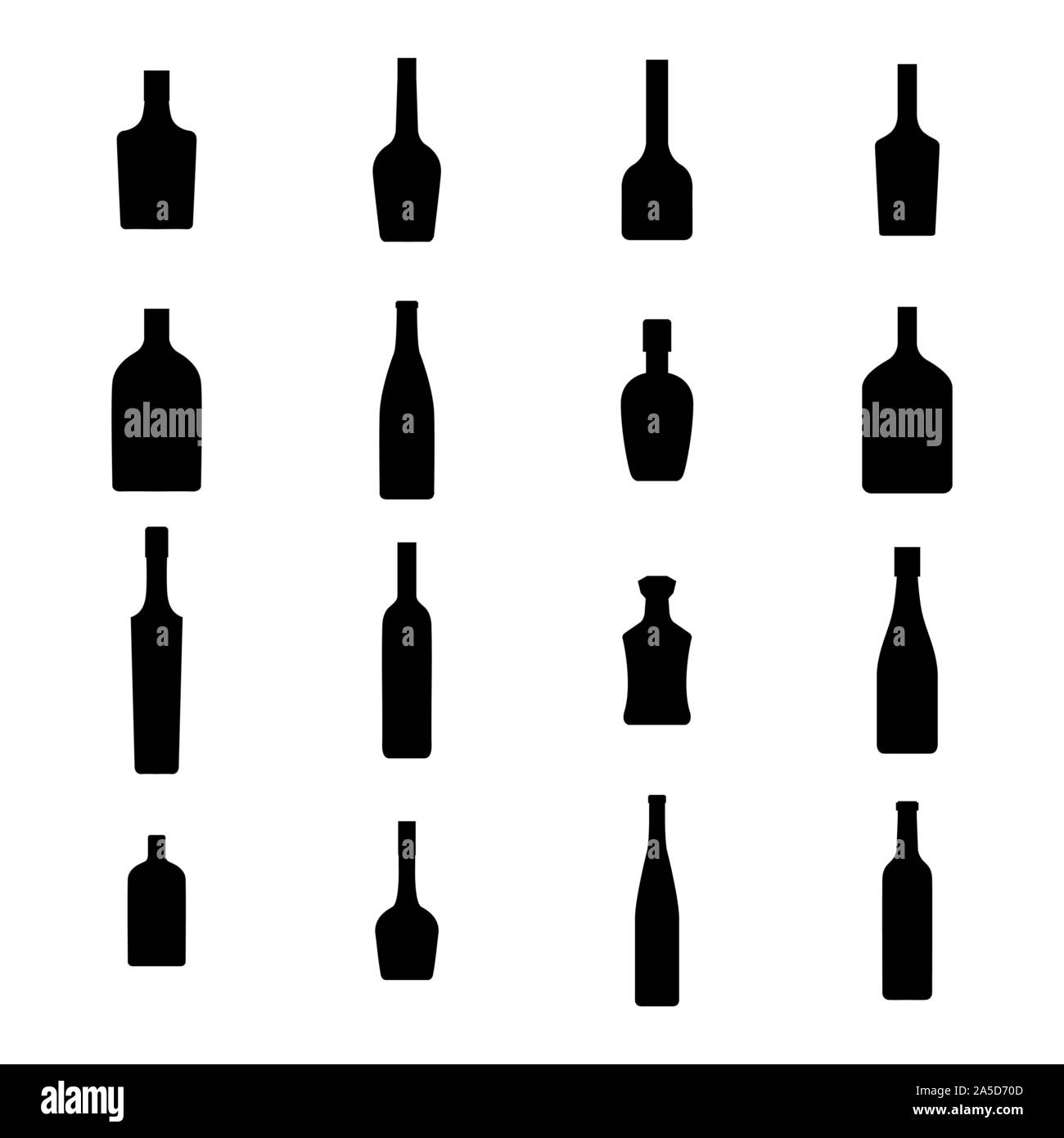 Bottiglie di alcol set di icone. Silhouette in nero su sfondo bianco, illustrazione vettoriale. Illustrazione Vettoriale
