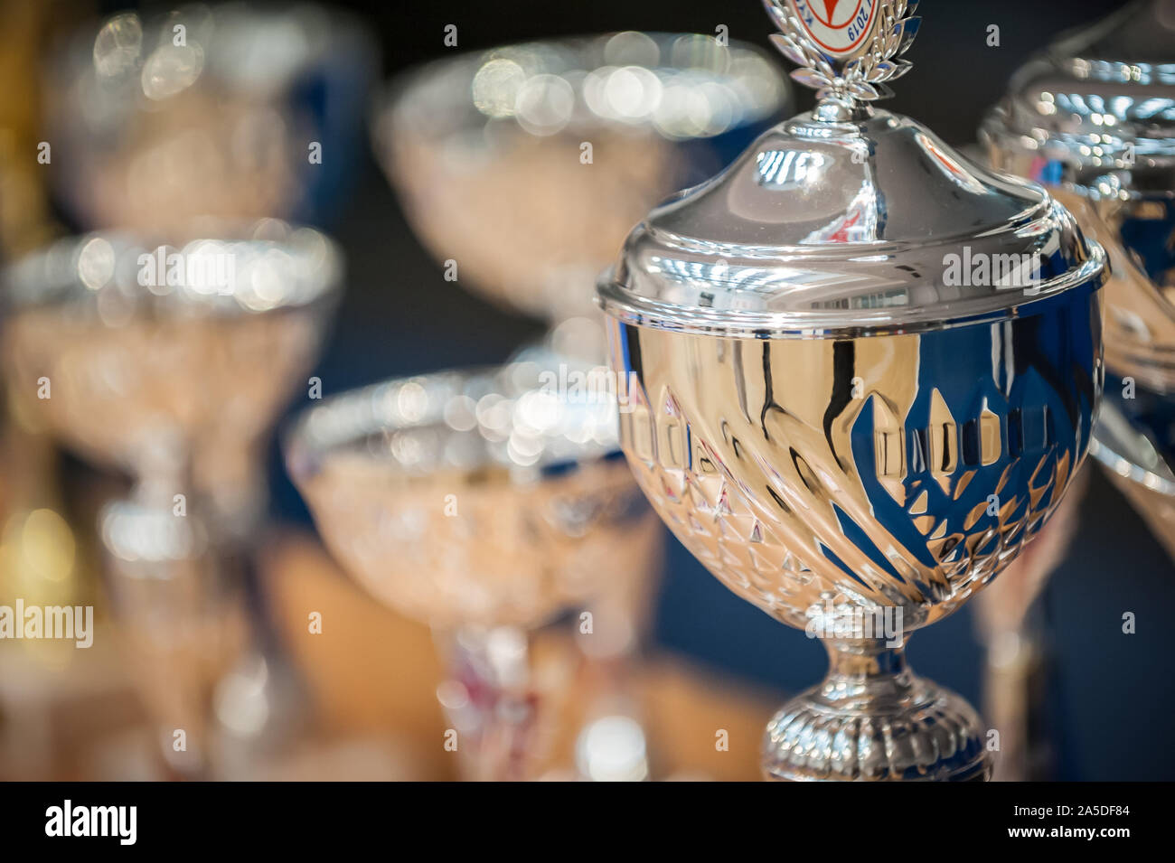 Campione d'oro vincitore di premi e trofei medaglie allineate in righe. Messa a fuoco selettiva Foto Stock