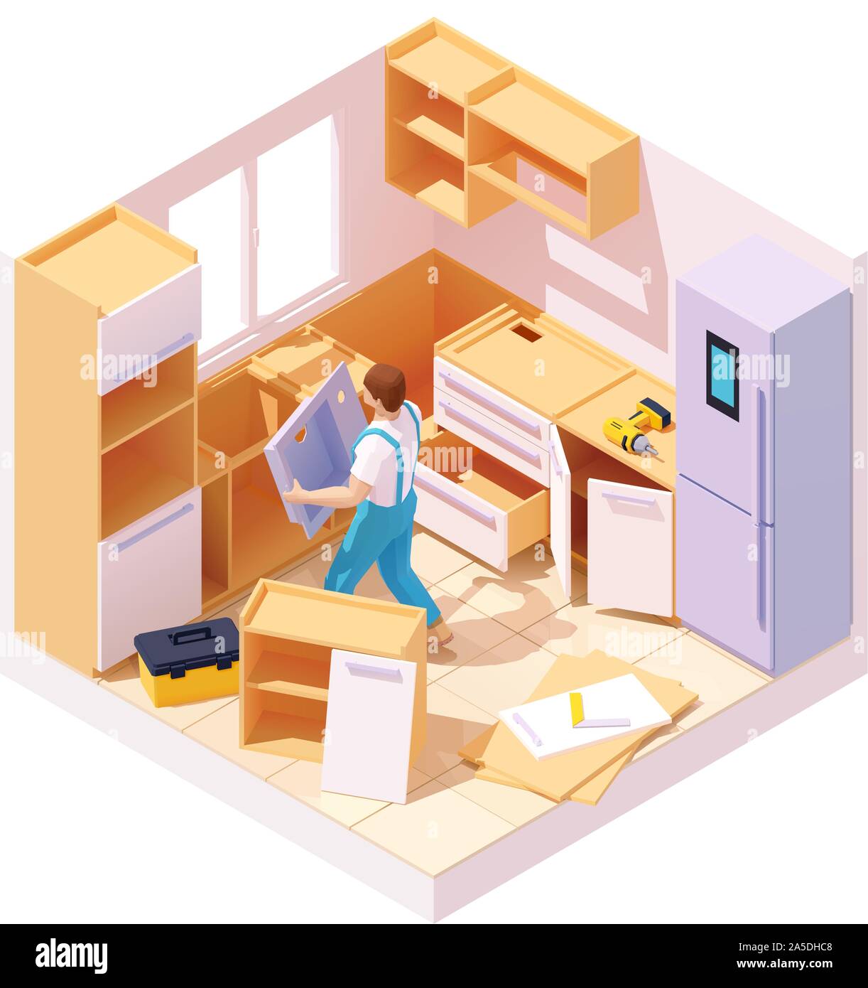 Isometrica del vettore mobili da cucina l'installazione Illustrazione Vettoriale