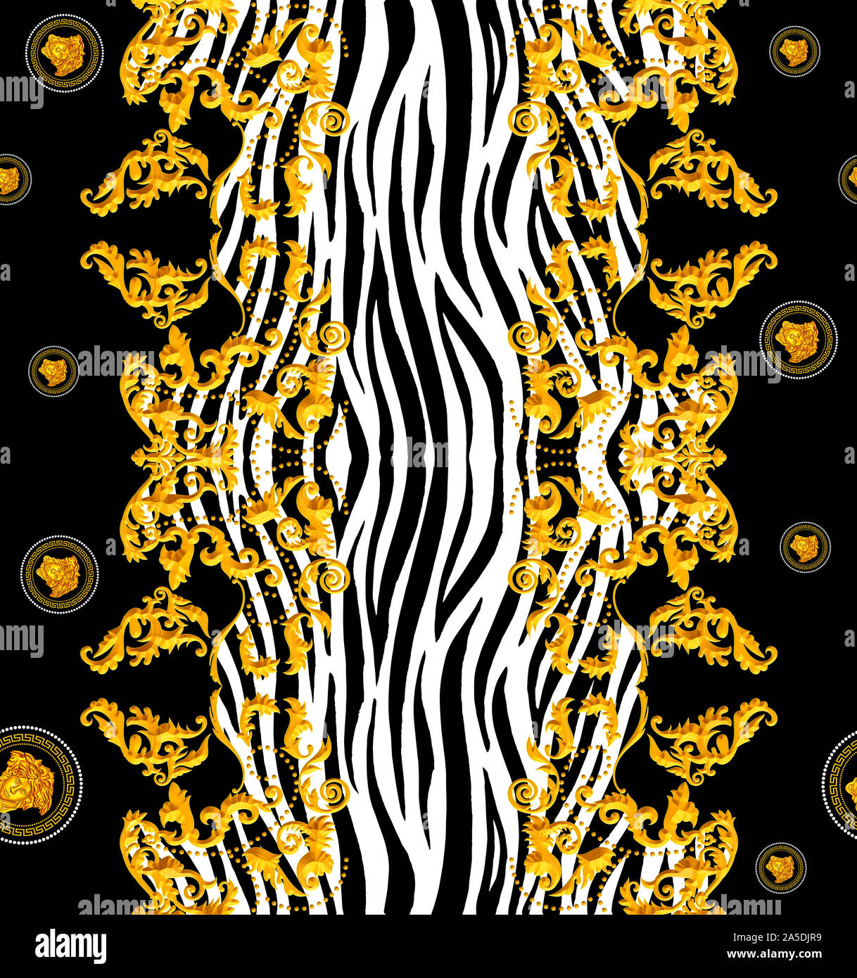 Seamless Golden Pattern barocca con Zebra per tessuto. Trendy moda di ripetizione della stampa. Lusso moderno, Versace oro su sfondo nero pronto per il testo Foto Stock