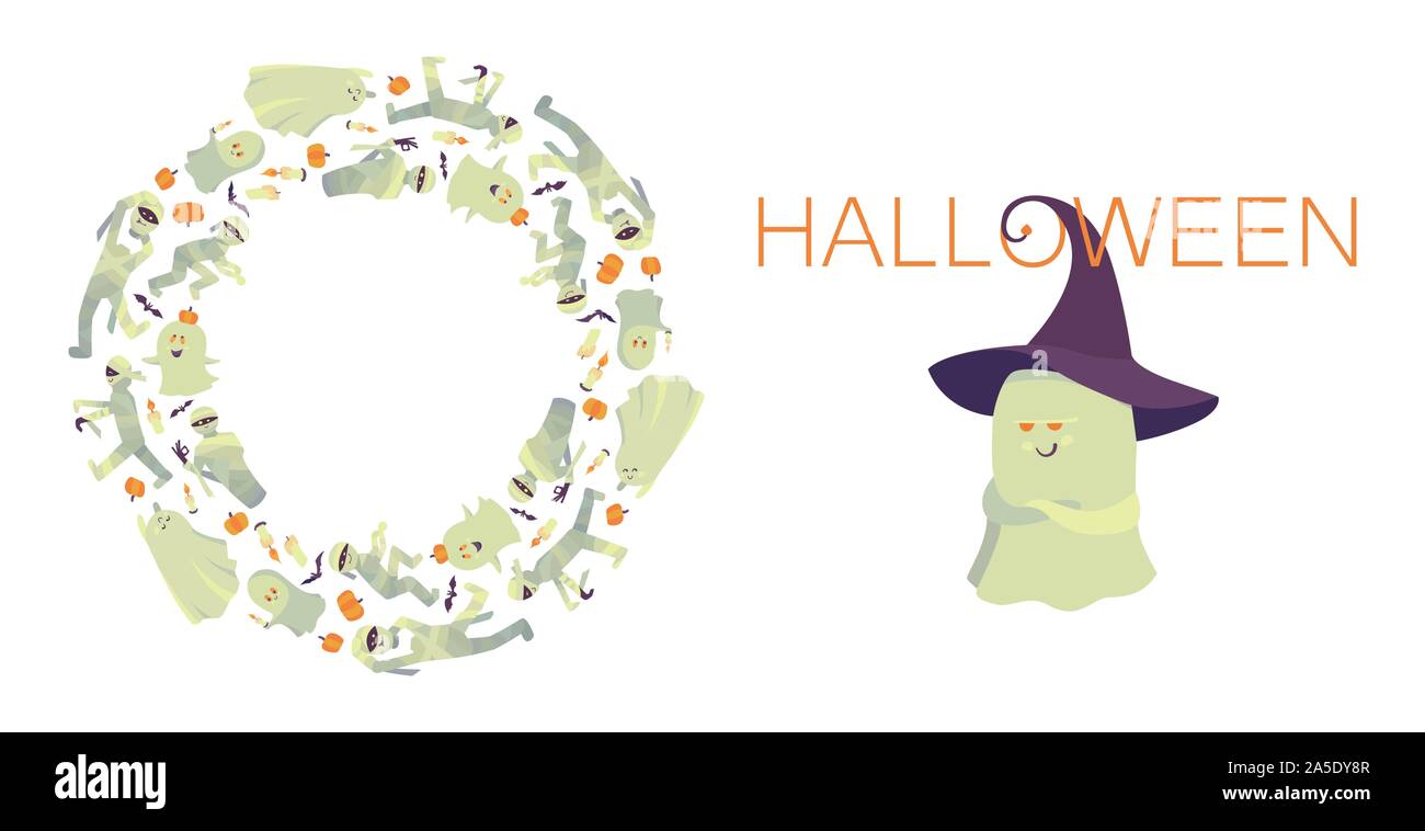 Happy Halloween. Set di frame di vettore, cerchio di fantasmi volanti, mummie, candele, pipistrelli e zucche isolato su bianco e sorride sornione ghost in un purp Illustrazione Vettoriale