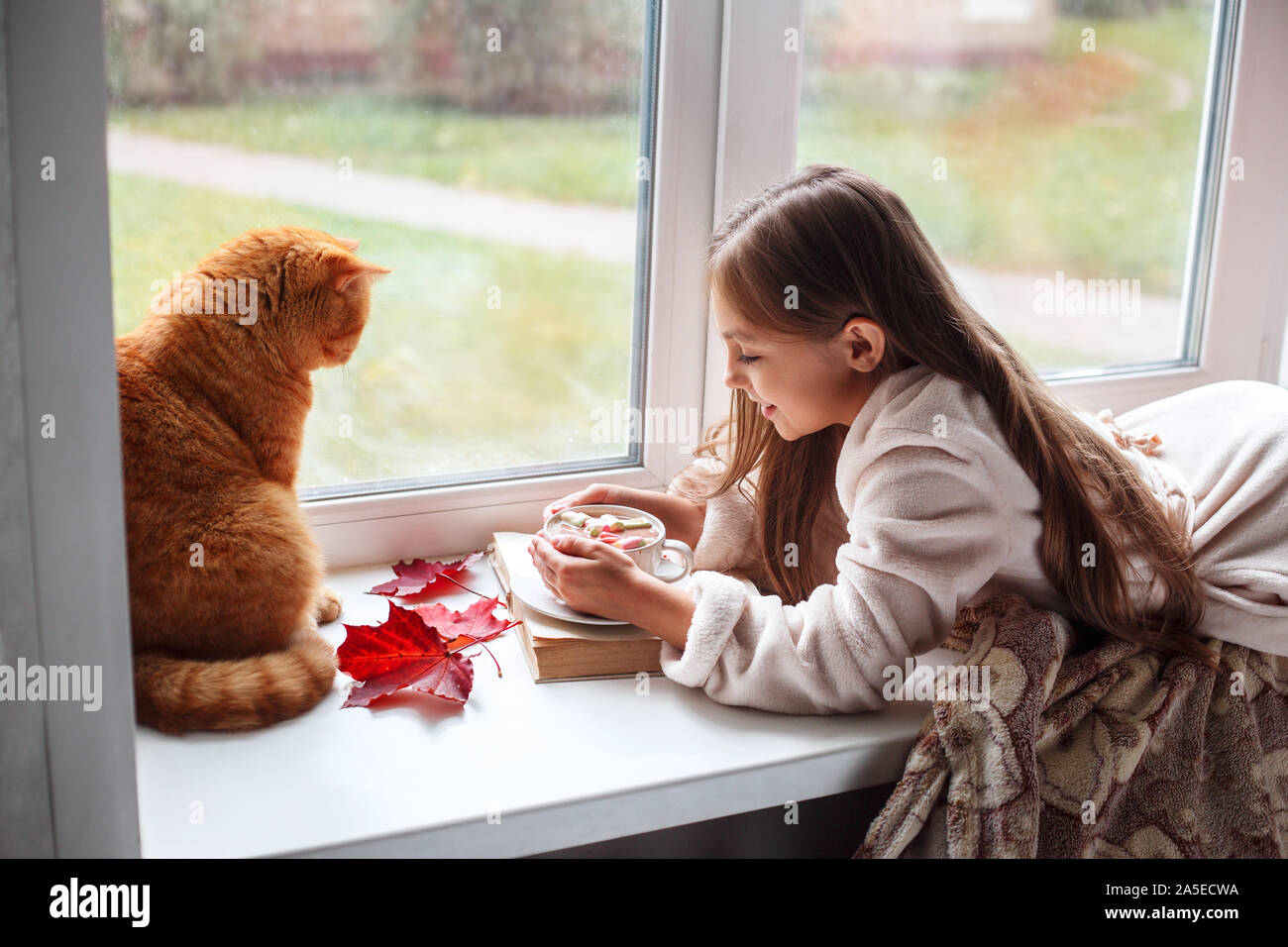 Bambina con gatto rosso sdraiata sul davanzale della finestra , leggendo un libro e bevendo cacao. Weekend di autunno con gatto a casa. Foto Stock